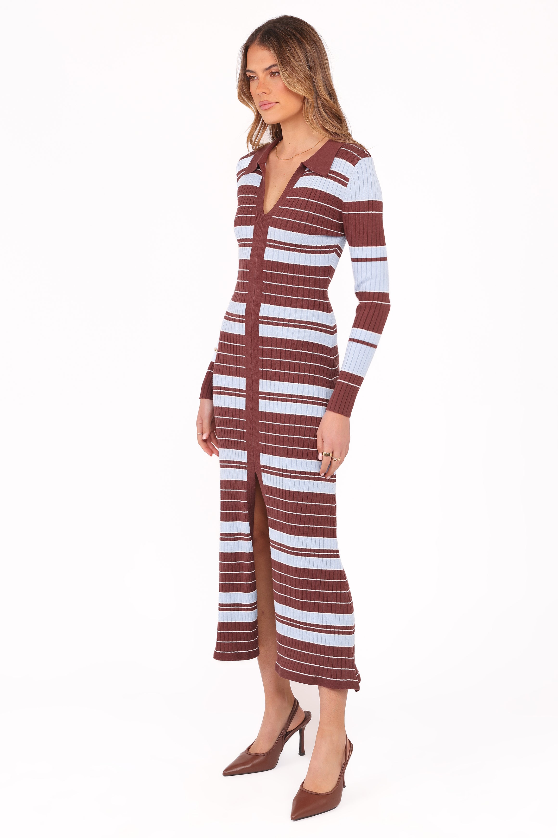Petal and Pup USA DRESSES Eliana Long Sleeve Midi Dress - Brown Blue Stripe