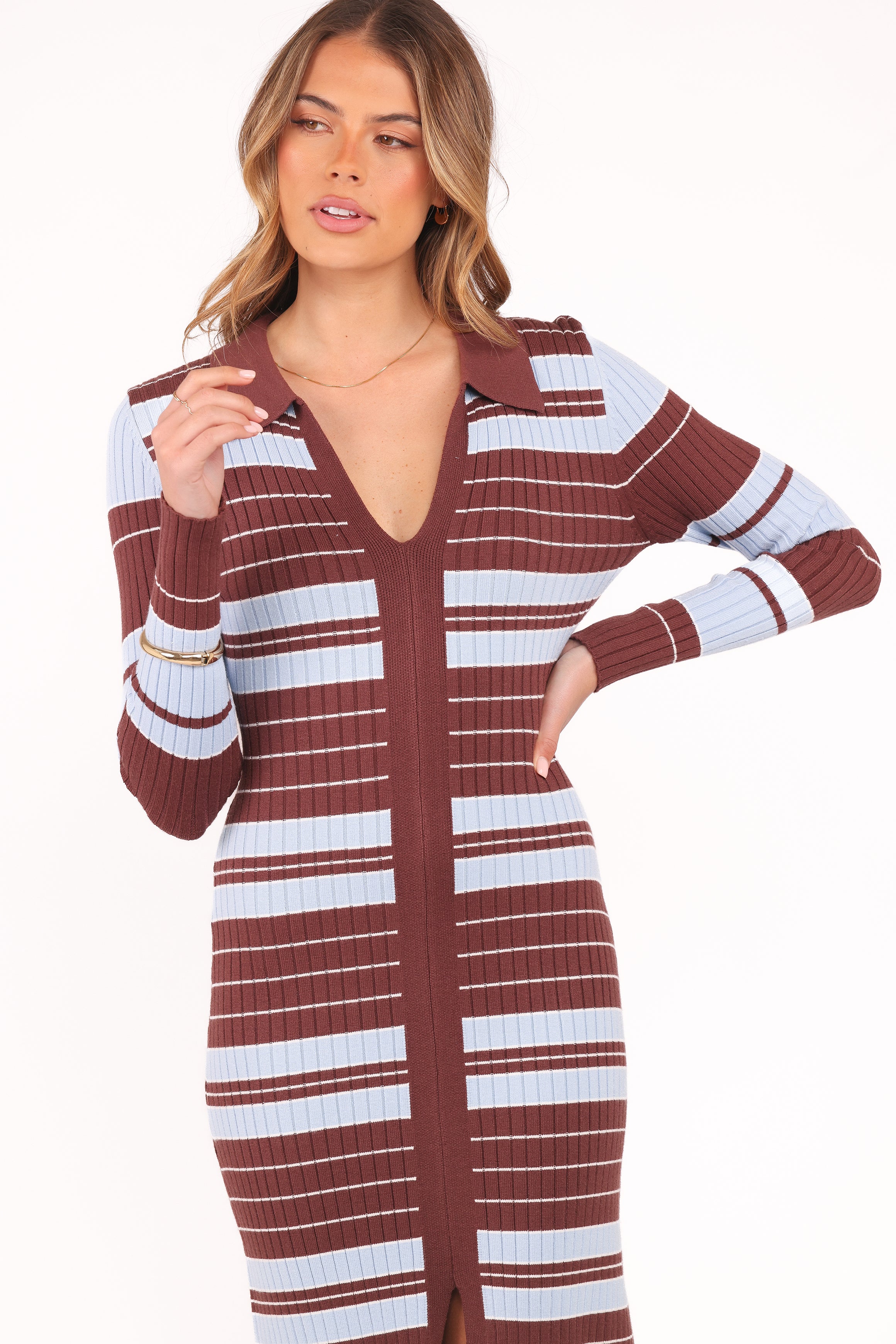 Petal and Pup USA DRESSES Eliana Long Sleeve Midi Dress - Brown Blue Stripe