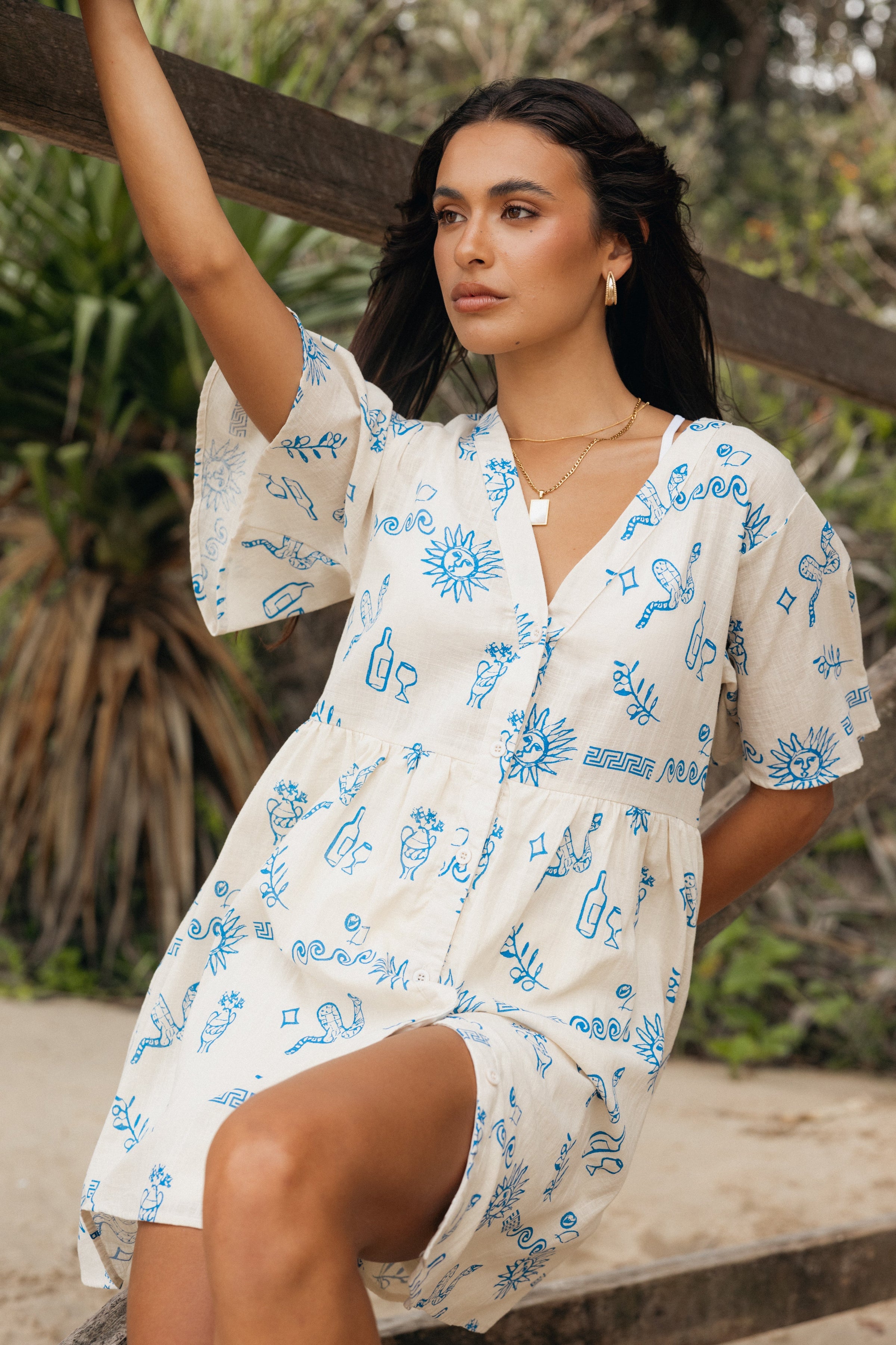 Petal and Pup USA DRESSES Elias Mini Dress - Beige Blue