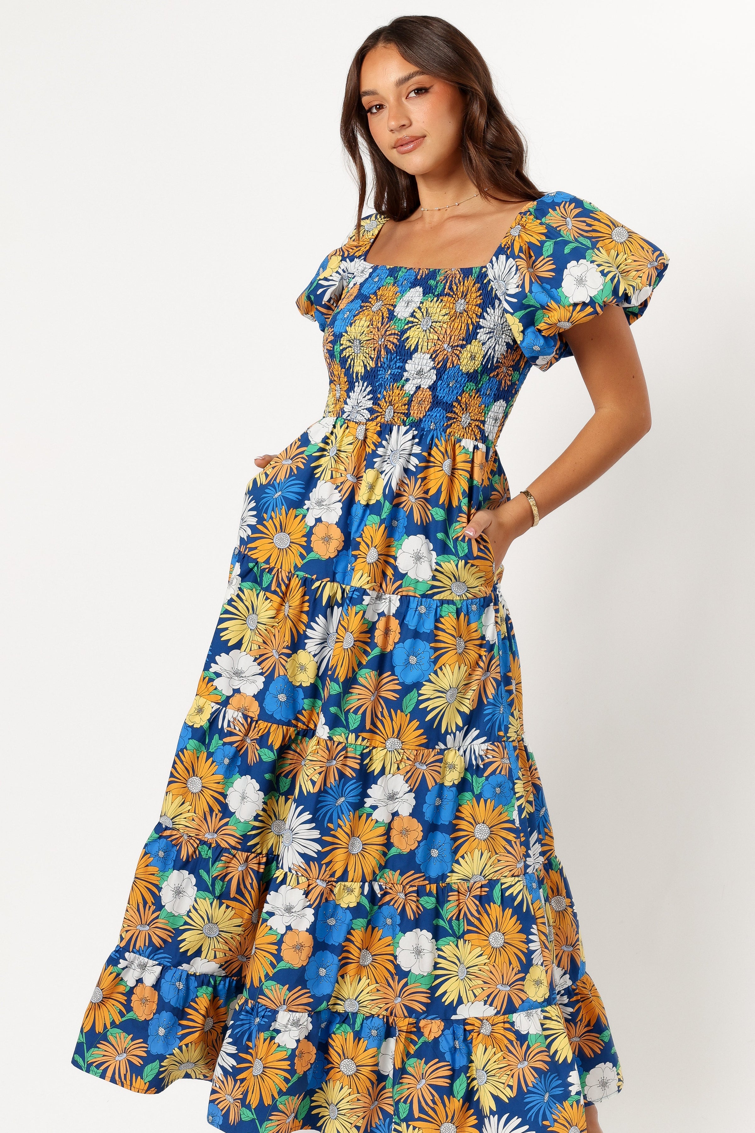 Petal and Pup USA DRESSES Elsie Short Sleeve Maxi Dress - Denim Blue