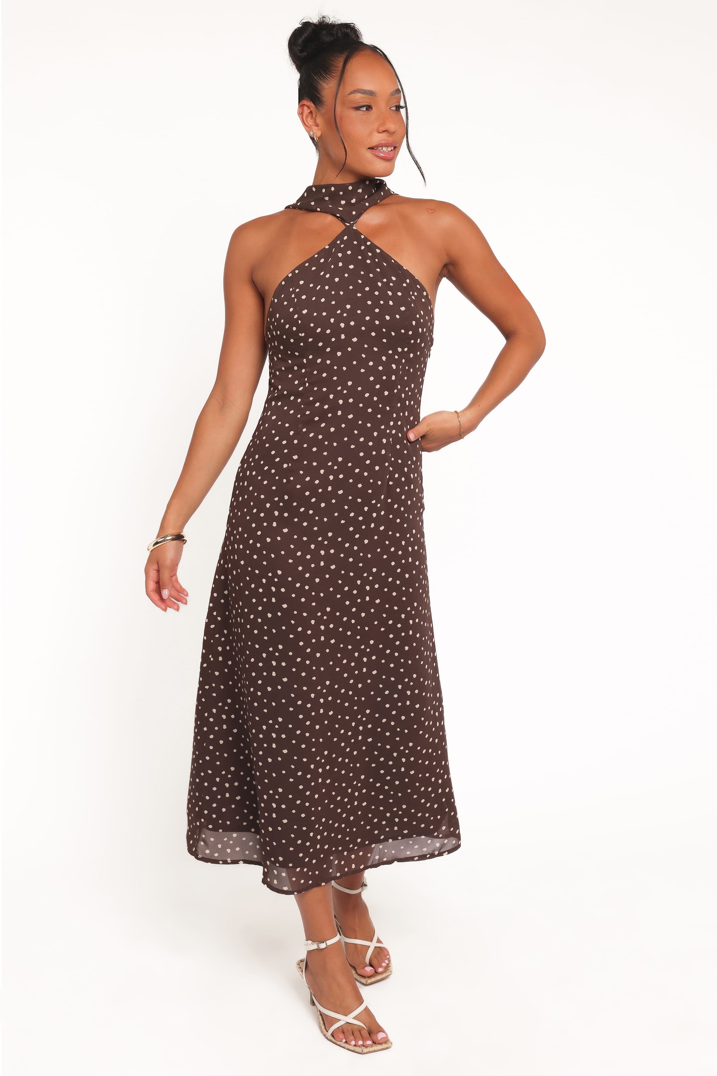 Petal and Pup USA DRESSES Elva Halterneck Midi Dress - Brown Polka Dot