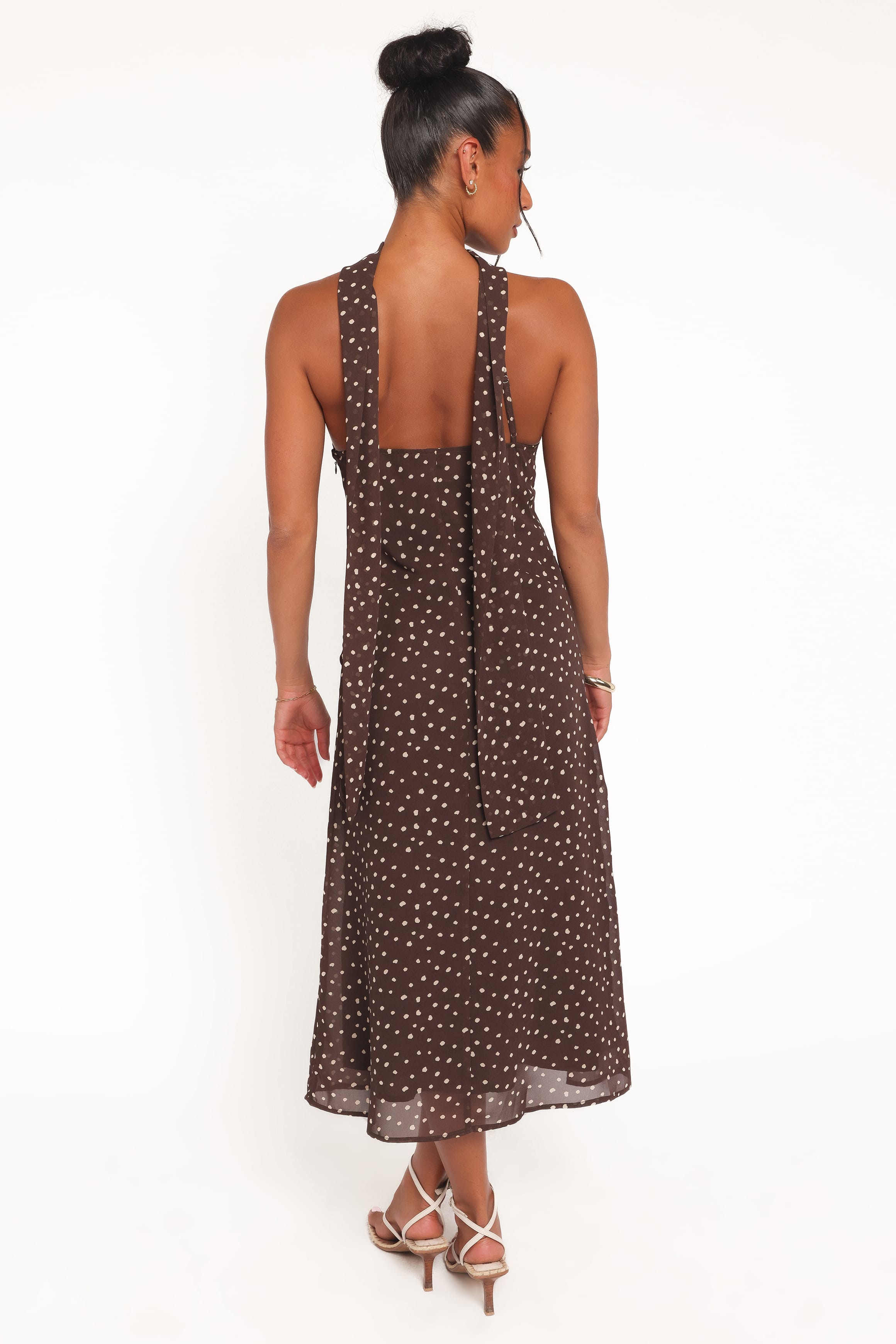 Petal and Pup USA DRESSES Elva Halterneck Midi Dress - Brown Polka Dot