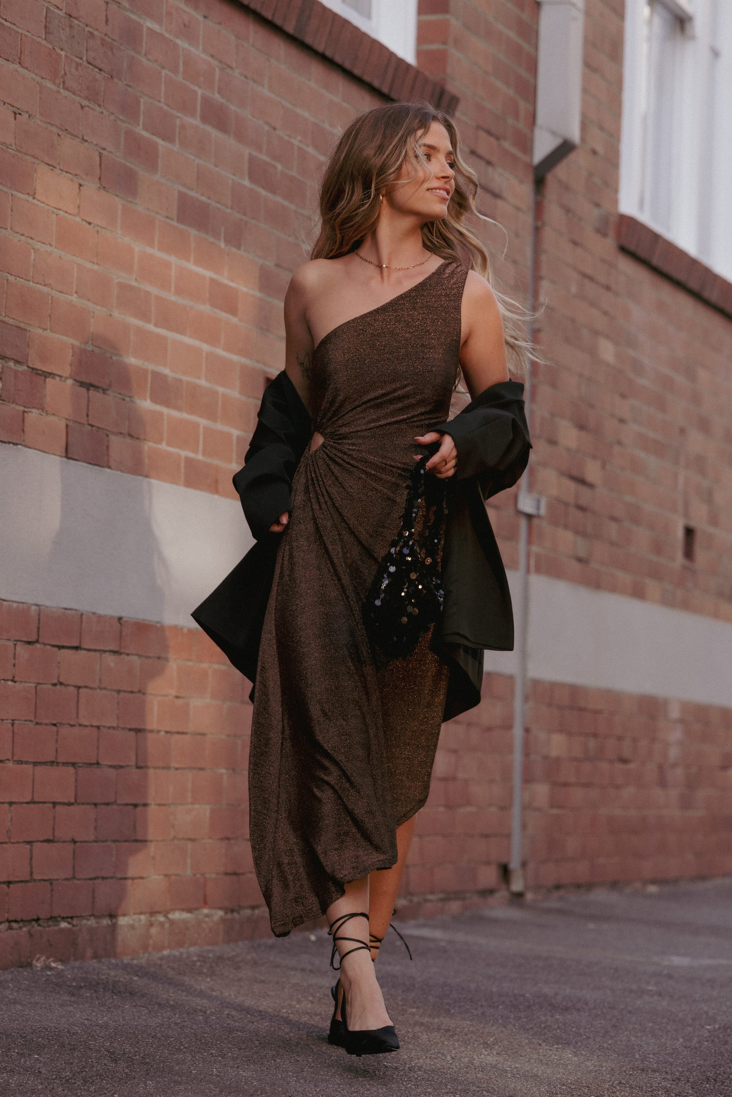 Petal and Pup USA DRESSES Emma One Shoulder Midi Dress - Vintage Gold