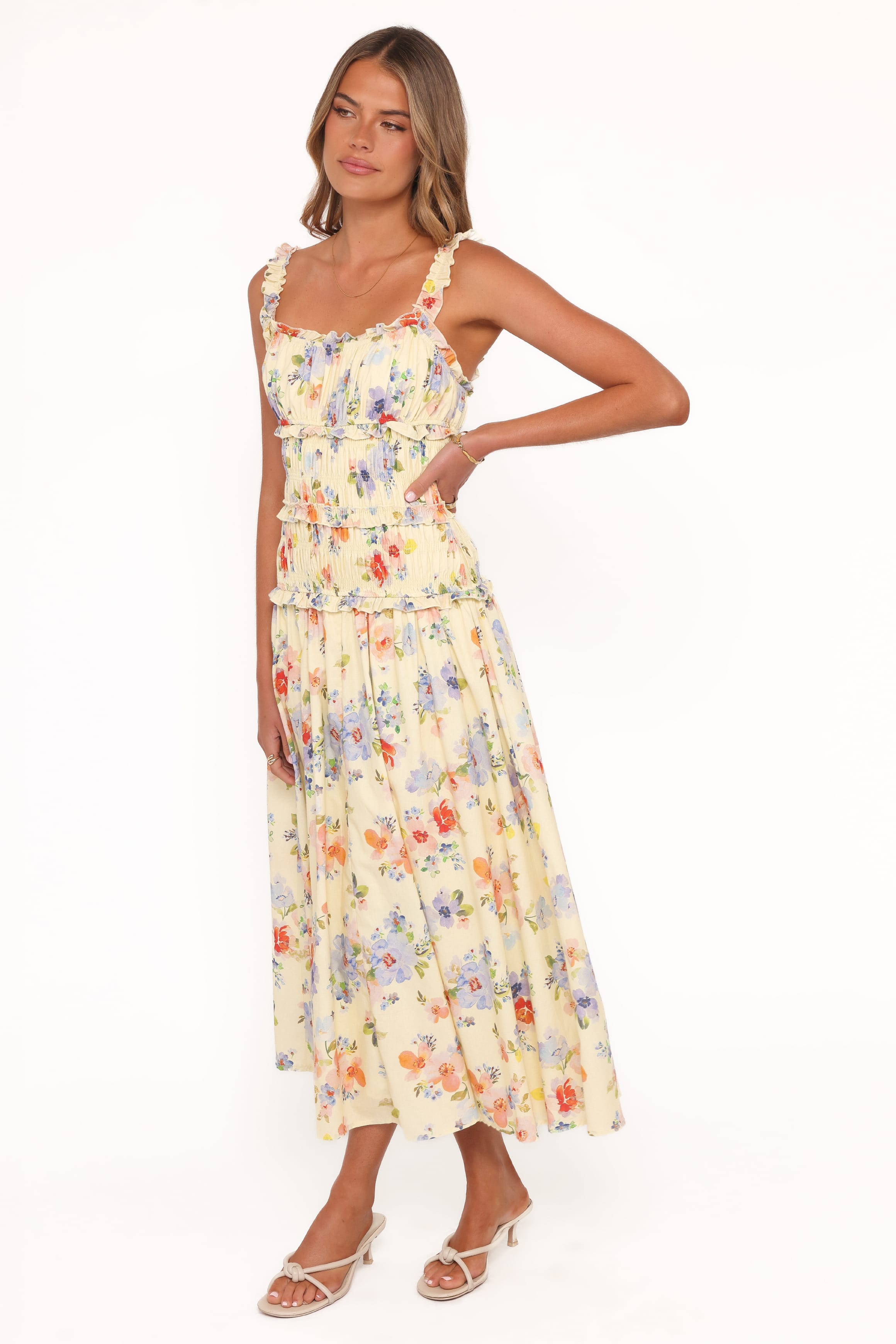 Petal and Pup USA DRESSES Enola Gather Midi Dress - Yellow Floral
