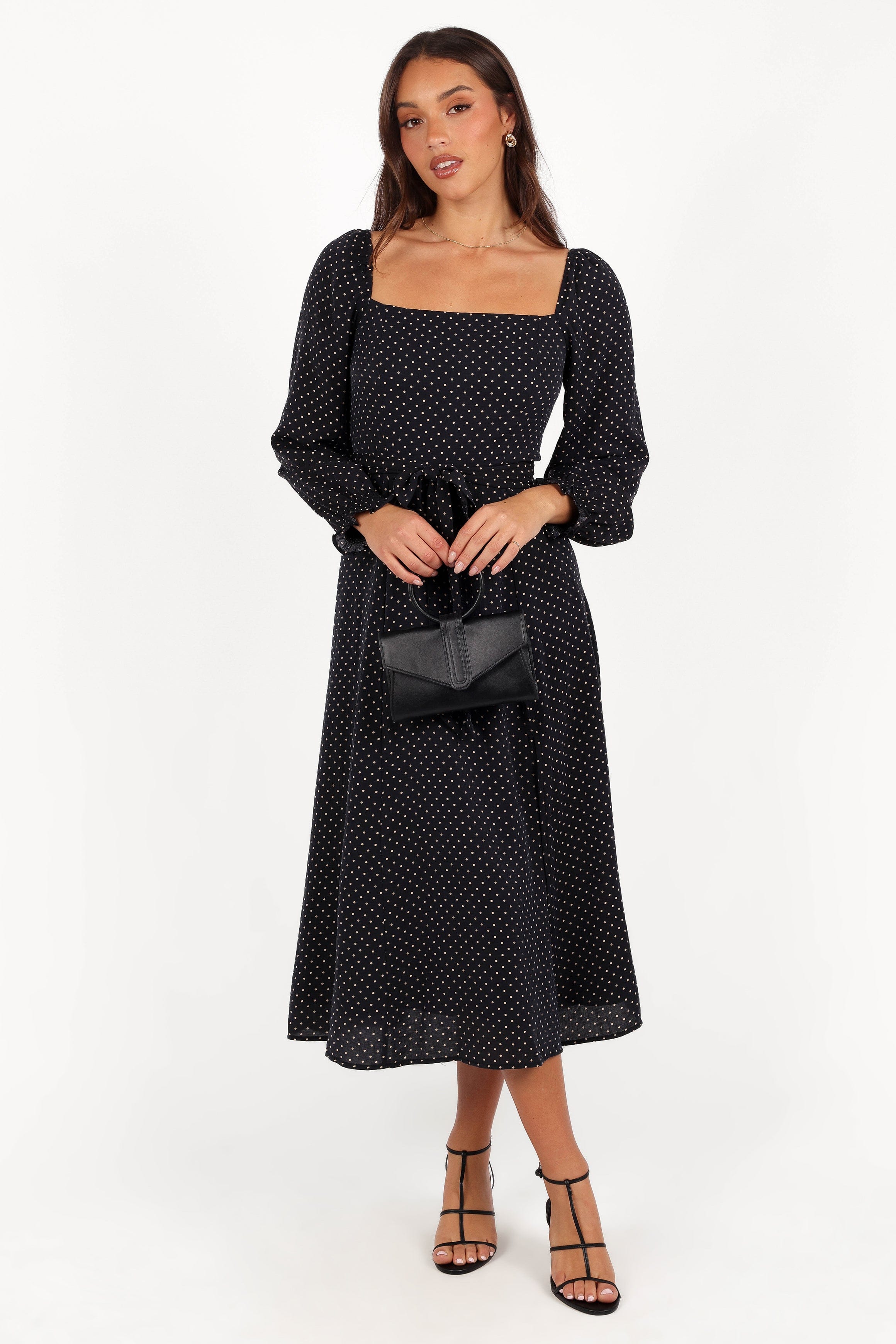 Petal and Pup USA DRESSES Ettie Long Sleeve Midi Dress - Black Polka Dot
