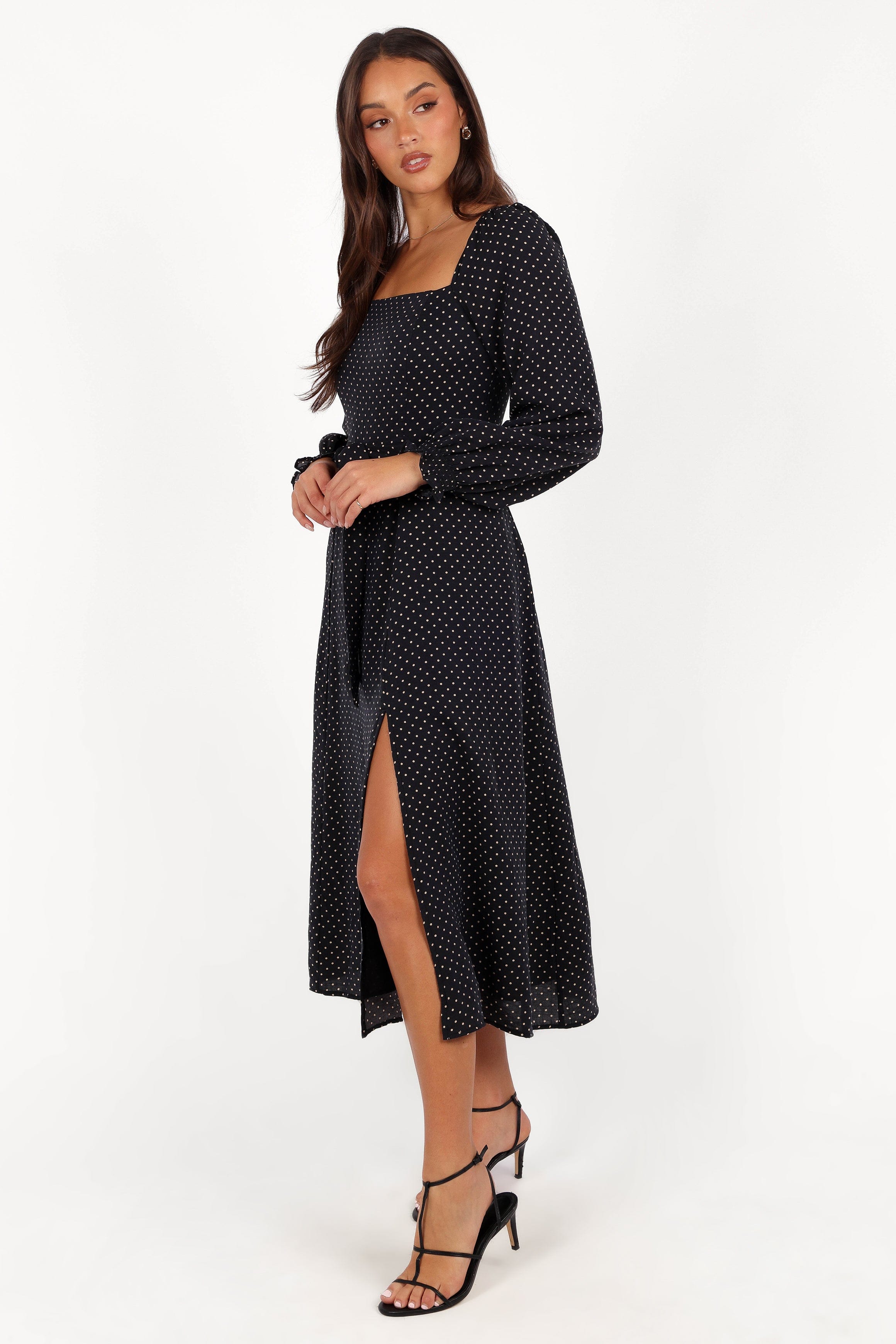 Petal and Pup USA DRESSES Ettie Long Sleeve Midi Dress - Black Polka Dot