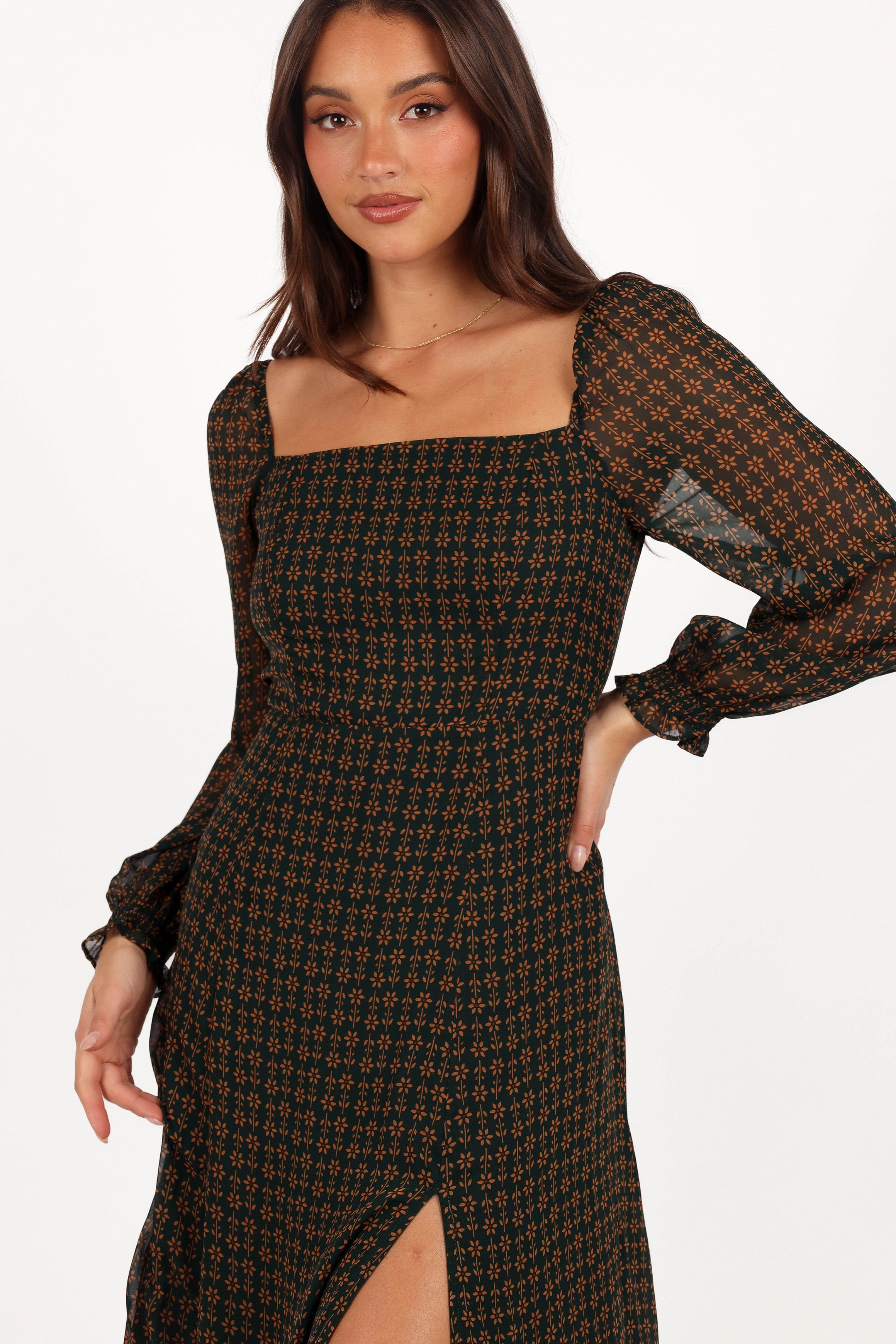 Petal and Pup USA DRESSES Ettie Long Sleeve Midi Dress - Pine/Tan