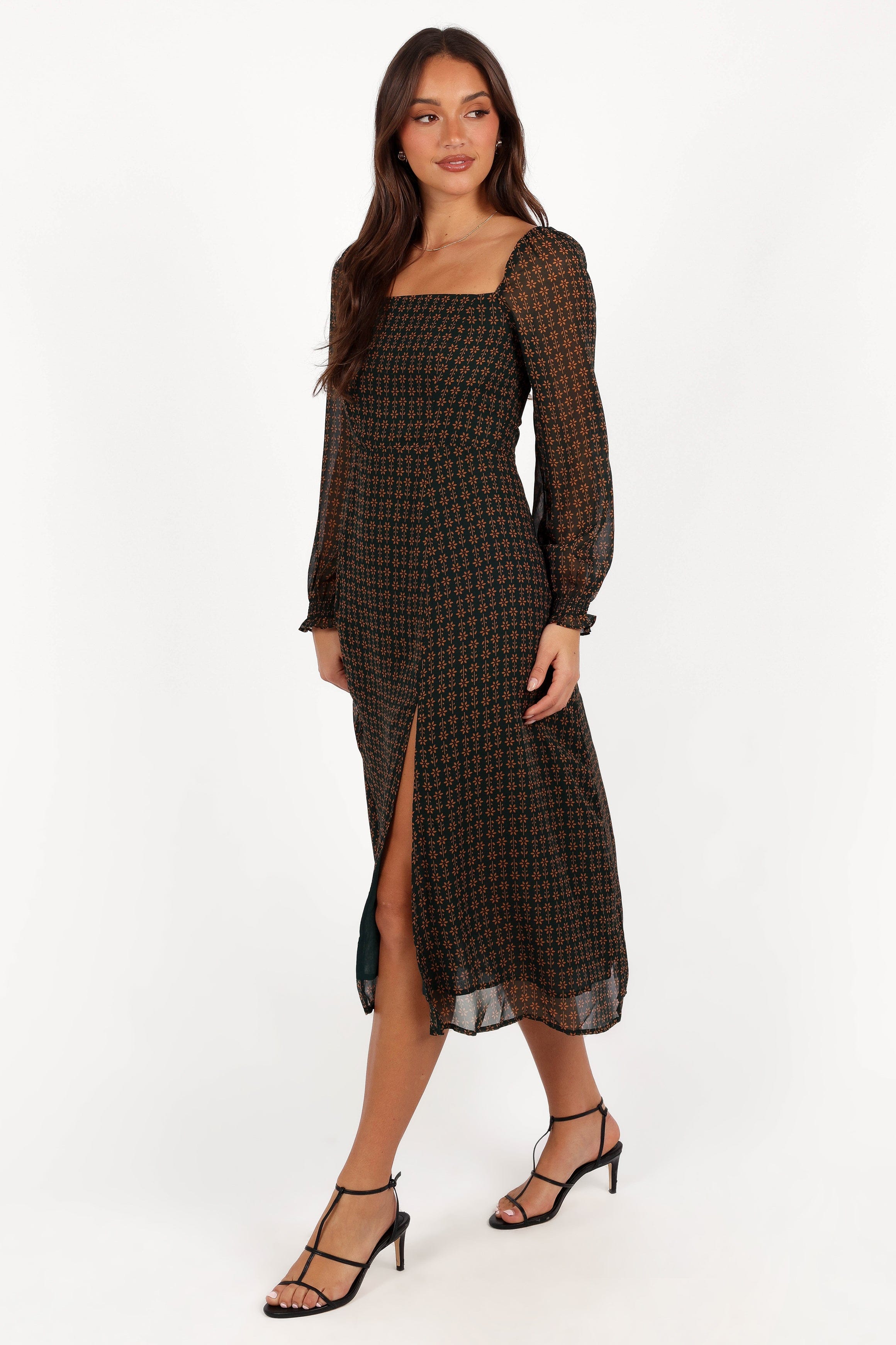 Petal and Pup USA DRESSES Ettie Long Sleeve Midi Dress - Pine/Tan