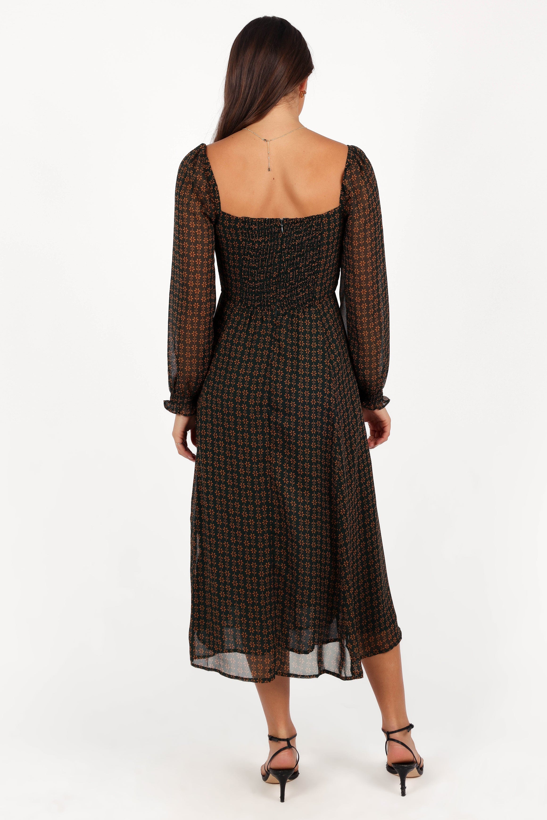 Petal and Pup USA DRESSES Ettie Long Sleeve Midi Dress - Pine/Tan