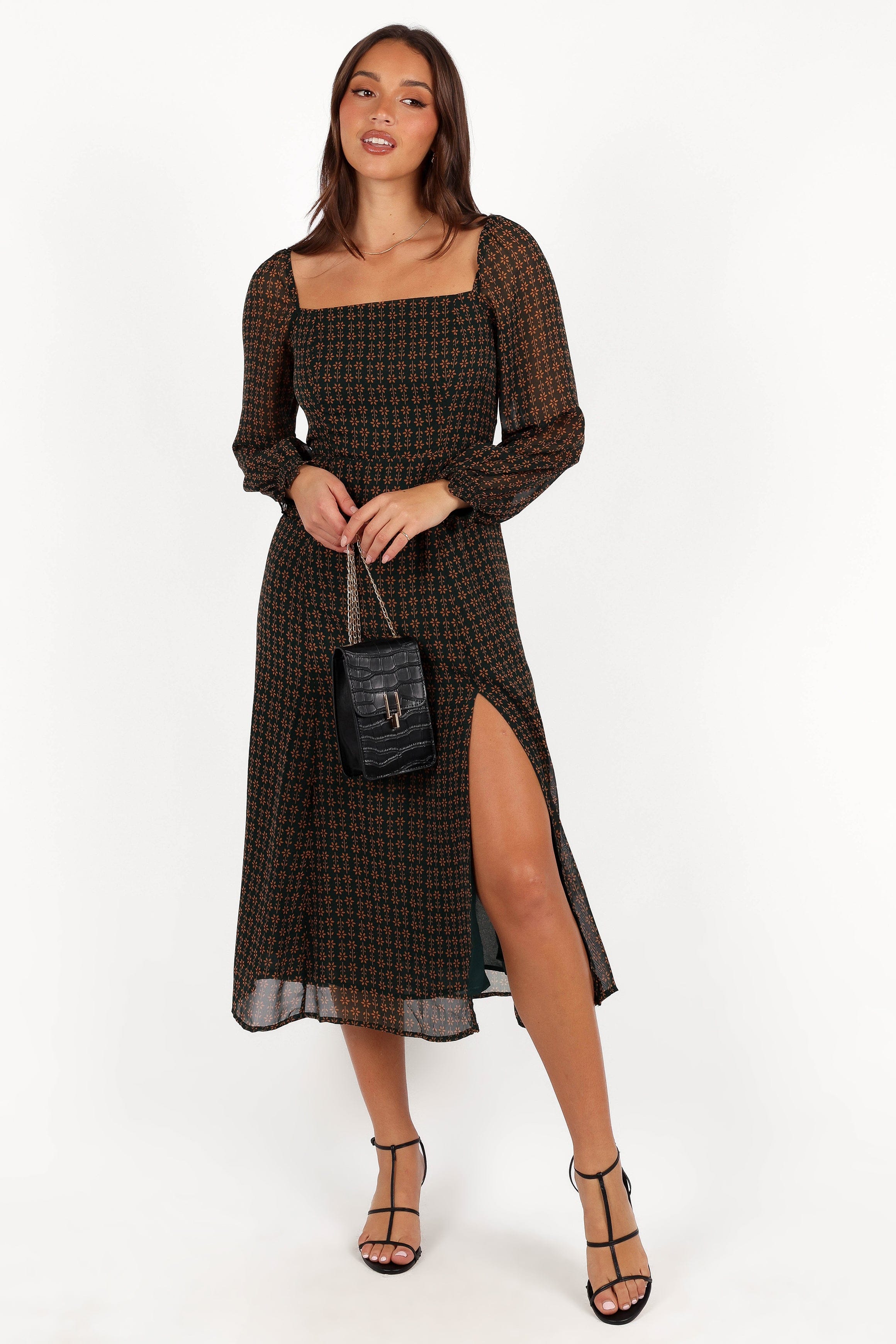 Petal and Pup USA DRESSES Ettie Long Sleeve Midi Dress - Pine/Tan