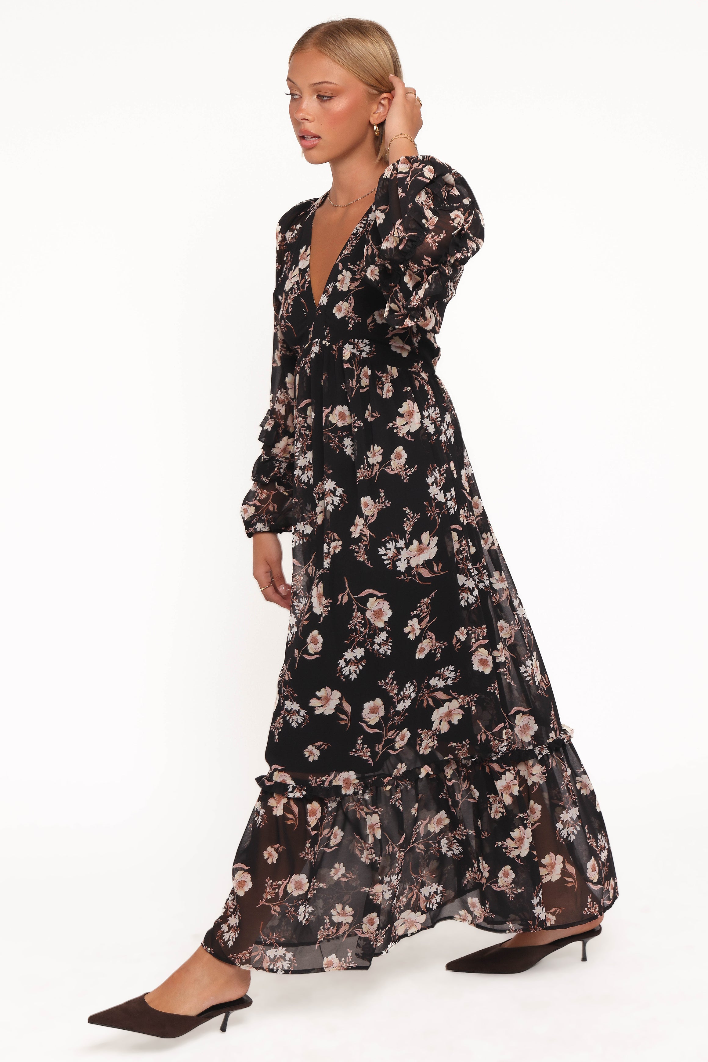 Petal and Pup USA DRESSES Evian Long Sleeve Maxi Dress - Black Floral