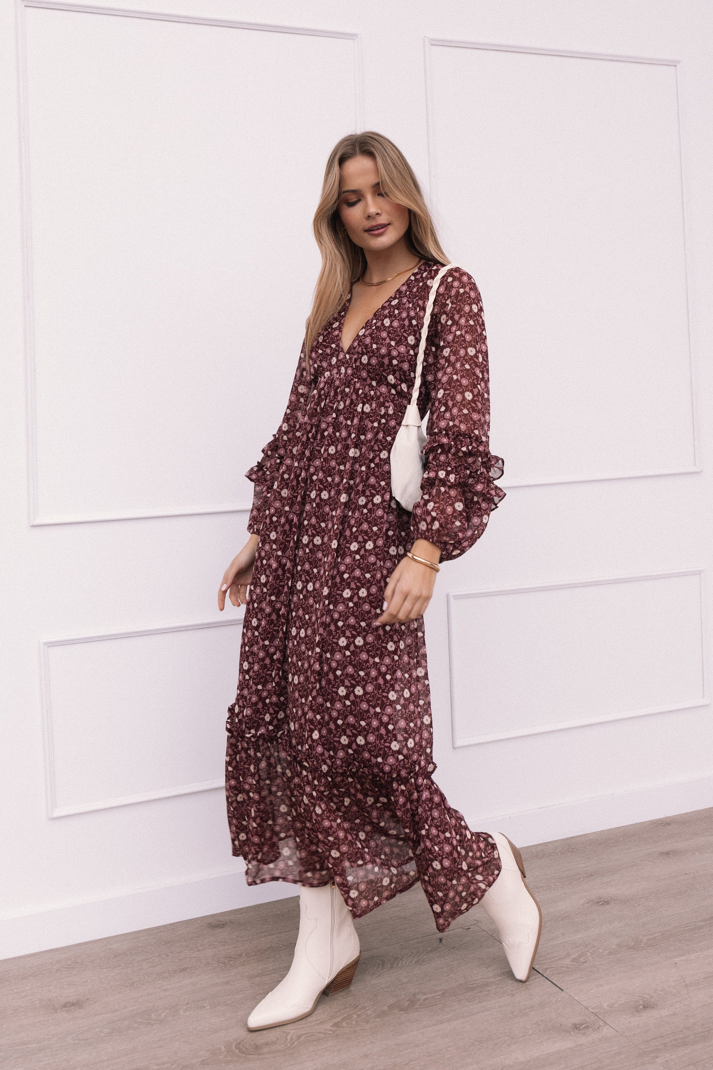 Petal and Pup USA DRESSES Evian Long Sleeve Maxi Dress - Burgundy Multi