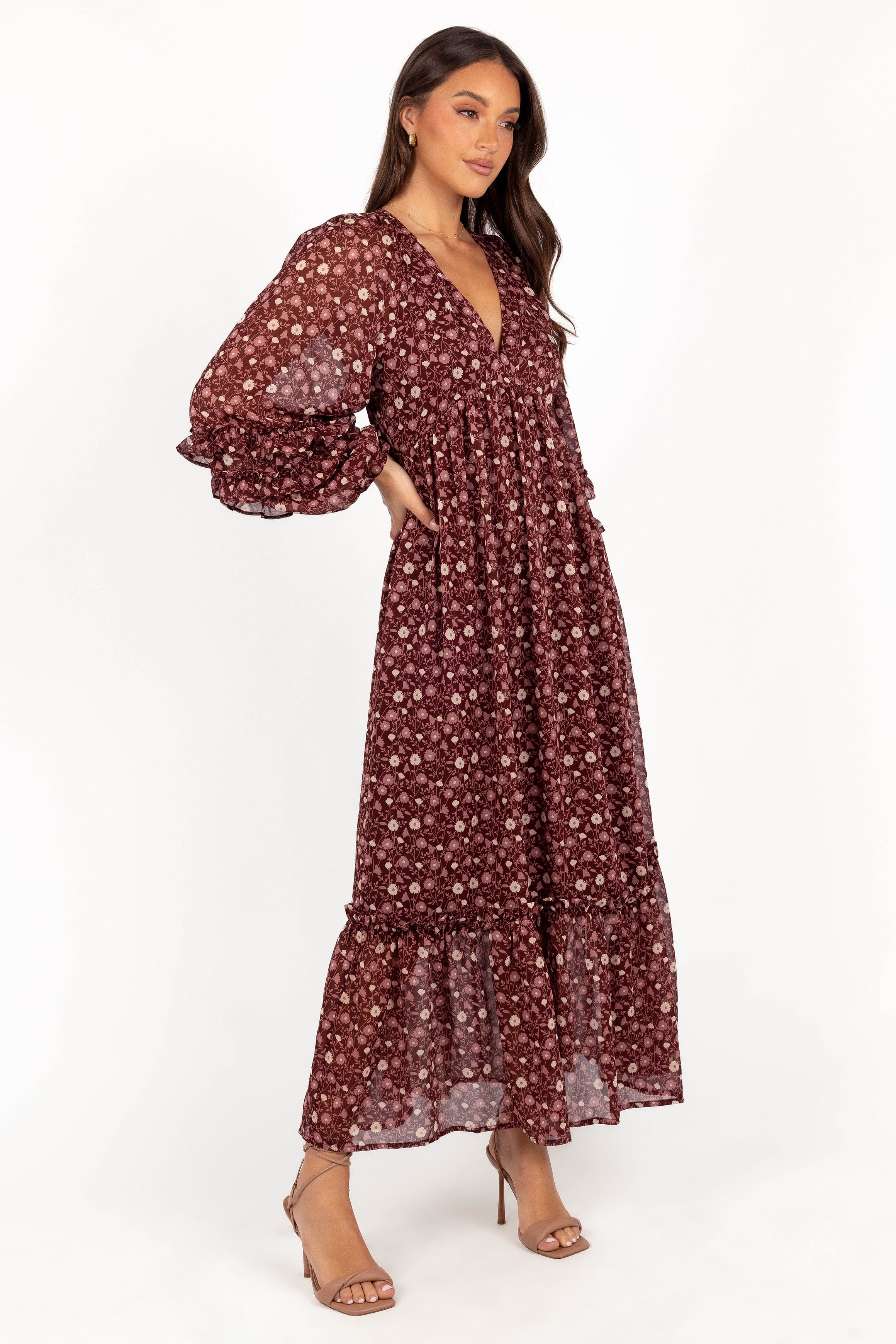 Petal and Pup USA DRESSES Evian Long Sleeve Maxi Dress - Burgundy Multi