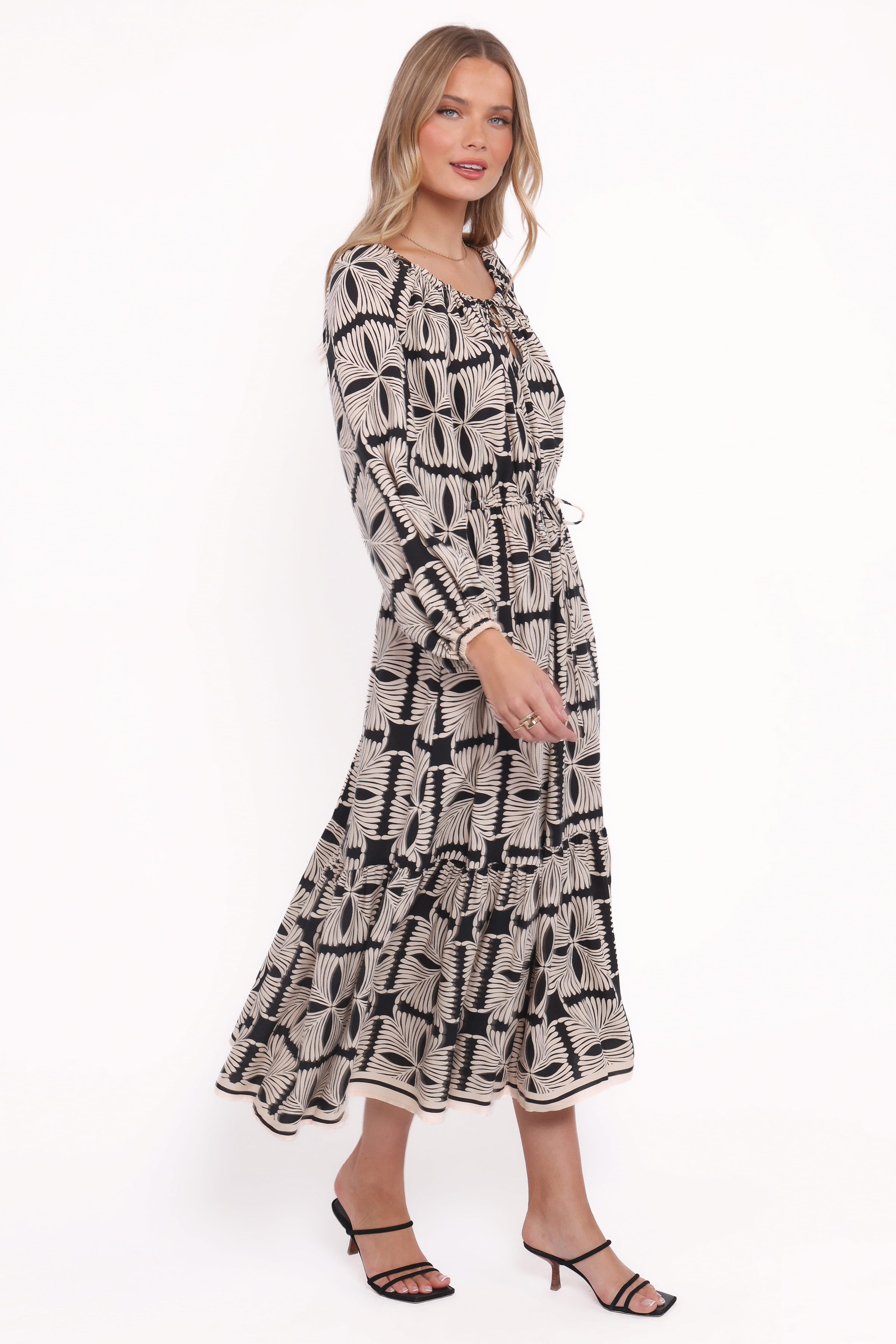 Petal and Pup USA DRESSES Faris Off Shoulder Midi Dress - Black Geo