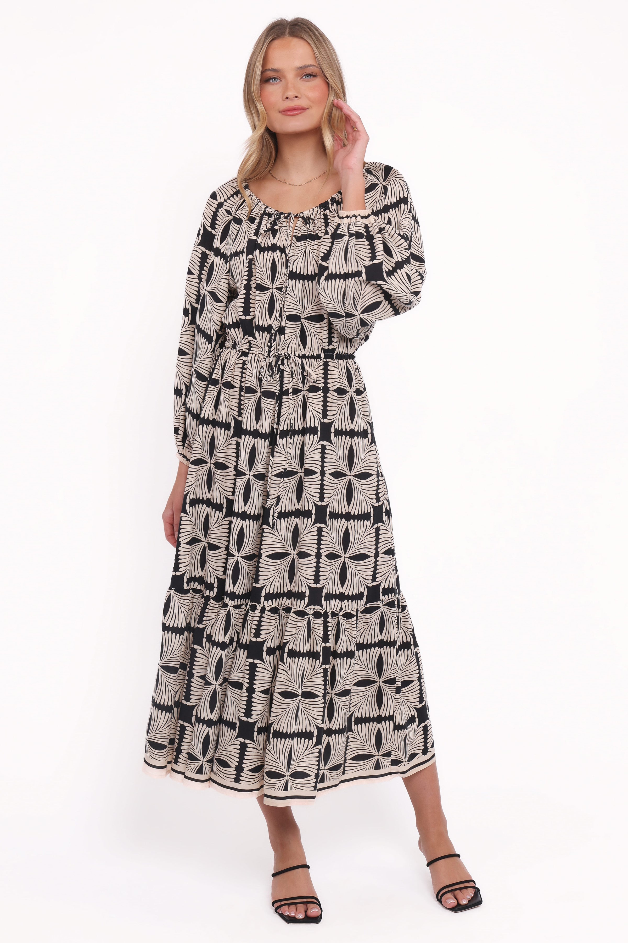 Petal and Pup USA DRESSES Faris Off Shoulder Midi Dress - Black Geo