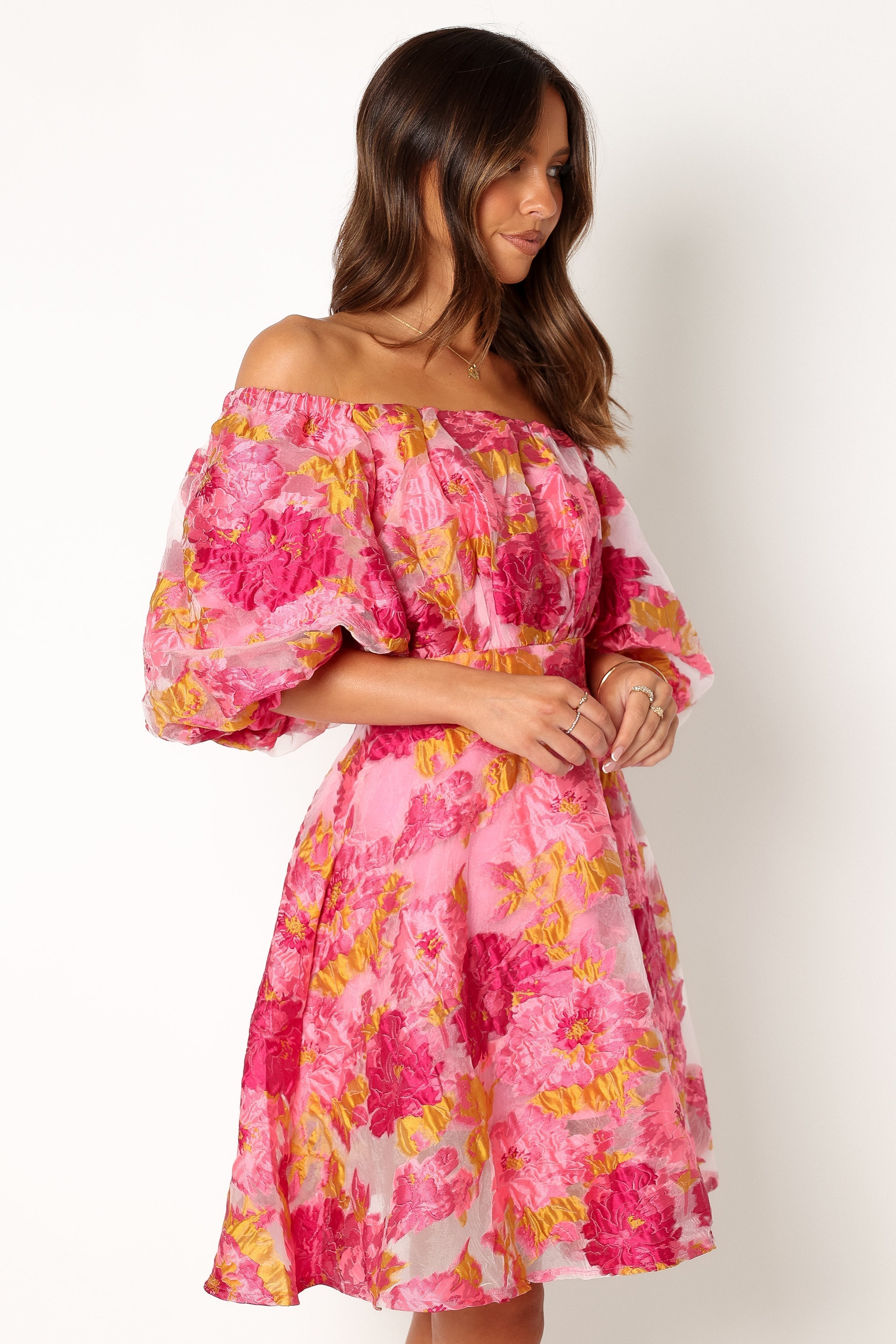 Petal and Pup USA DRESSES Faye Off Shoulder Mini Dress - Pink Floral