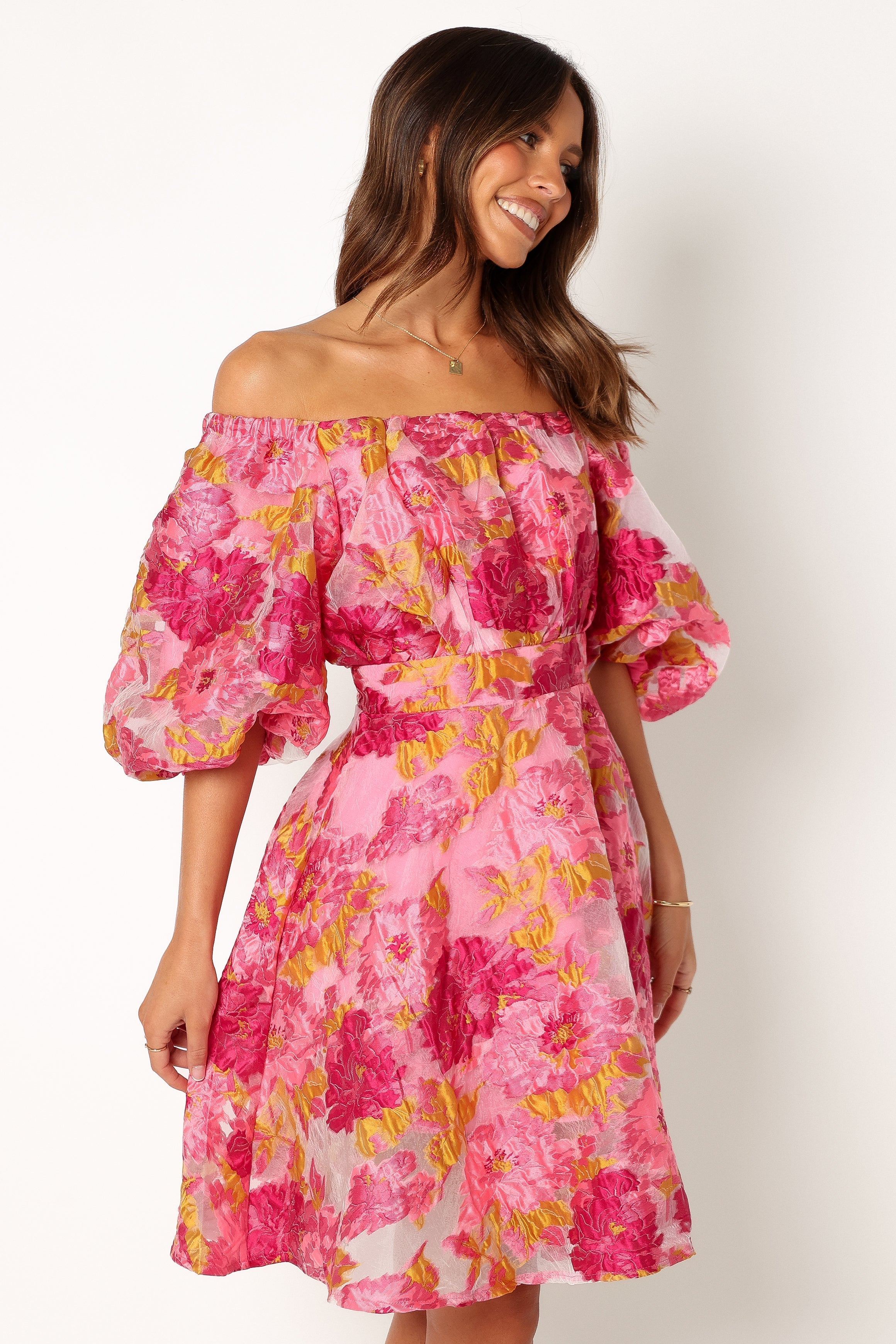 Petal and Pup USA DRESSES Faye Off Shoulder Mini Dress - Pink Floral