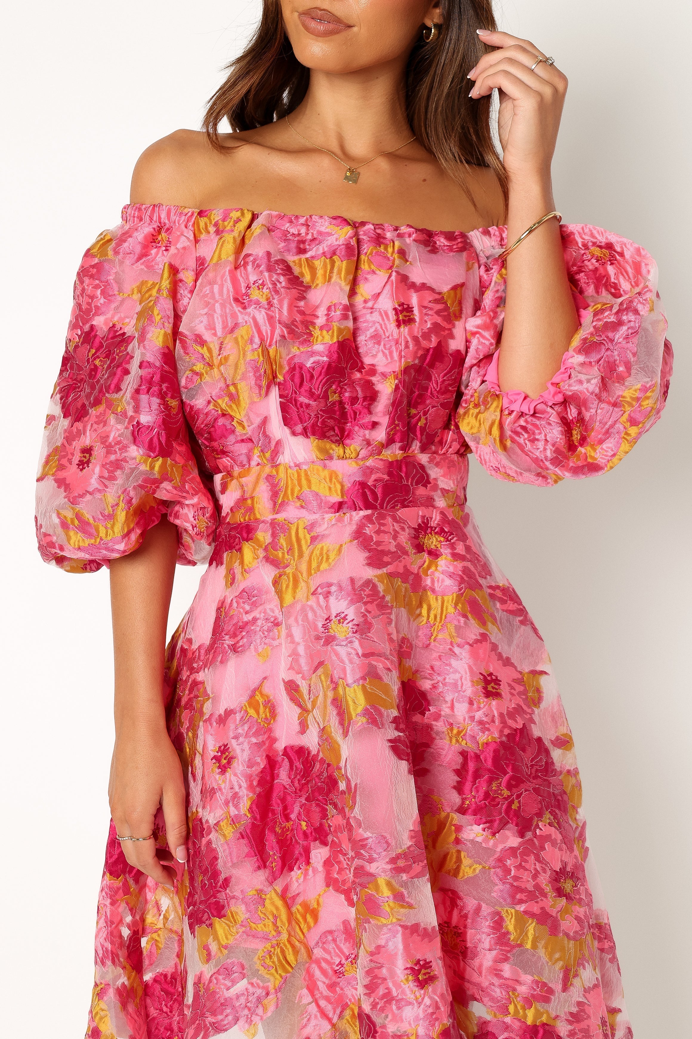 Petal and Pup USA DRESSES Faye Off Shoulder Mini Dress - Pink Floral