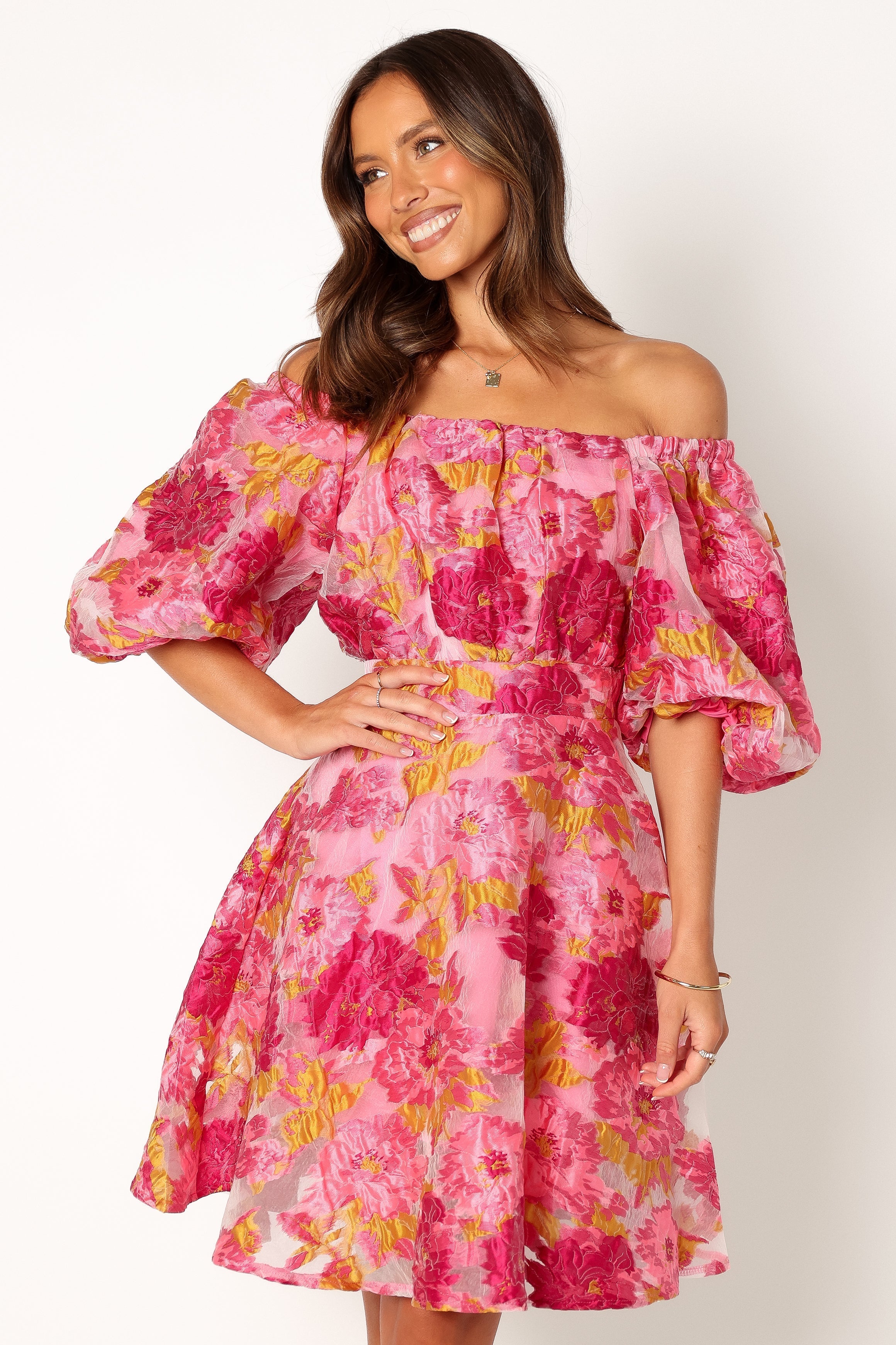 Petal and Pup USA DRESSES Faye Off Shoulder Mini Dress - Pink Floral