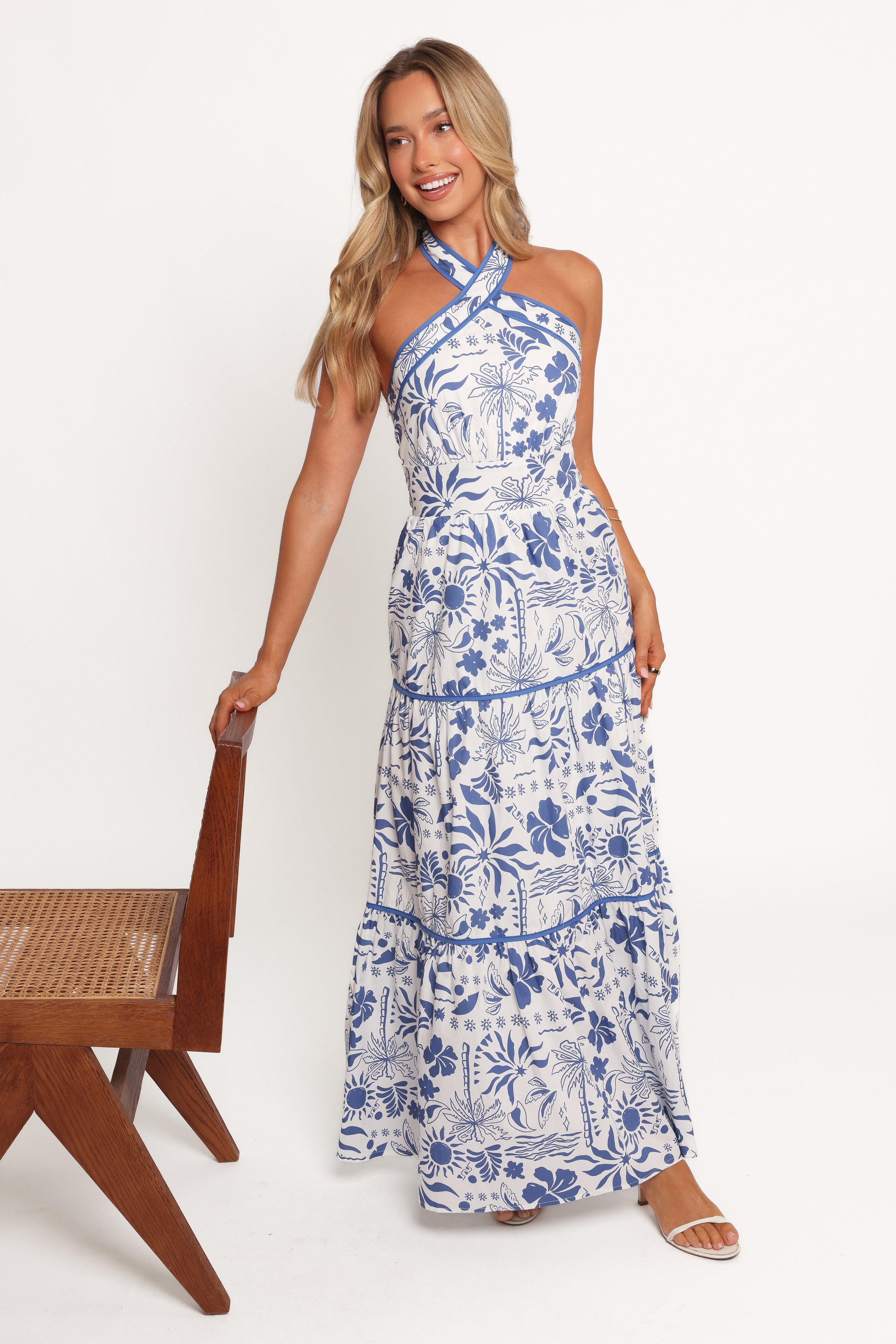 Petal and Pup USA DRESSES Fernanda Halterneck Maxi Dress - Blue Tropical