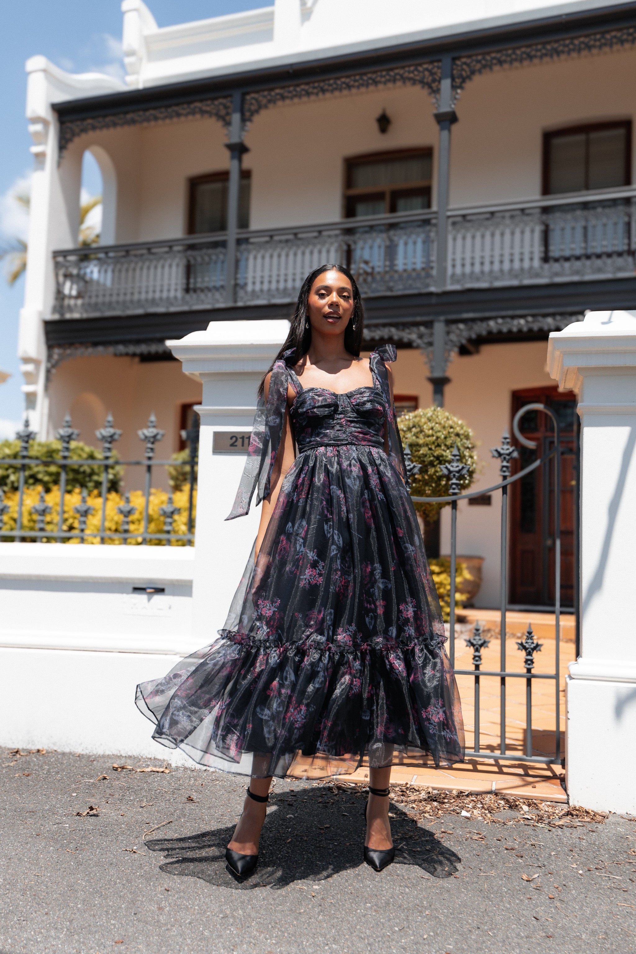 fall floral dress Black maternity friendy dresses for women or special events Floret Midi Dress - Dark