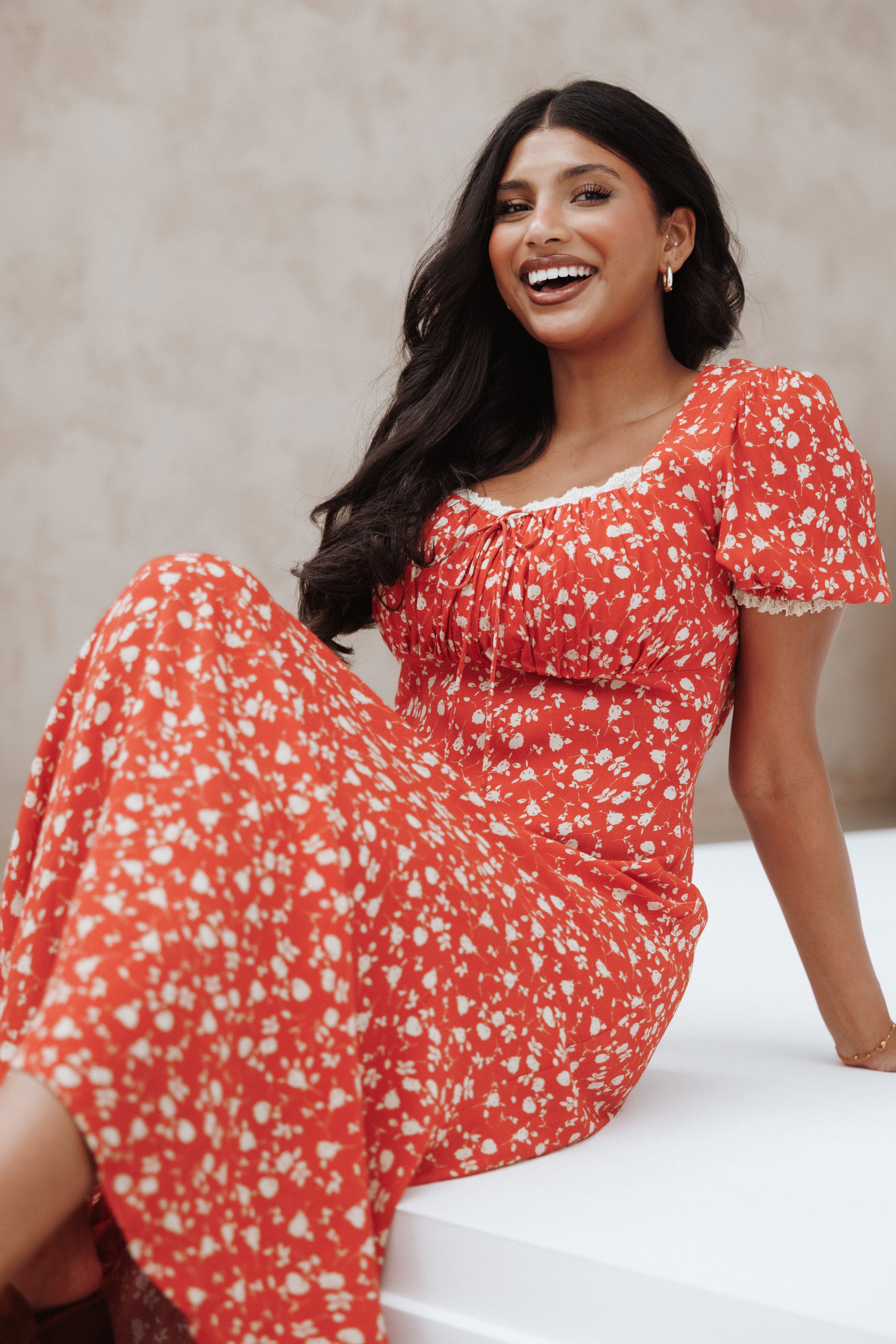 Petal and Pup USA DRESSES Francine Lace Midi Dress - Red Floral