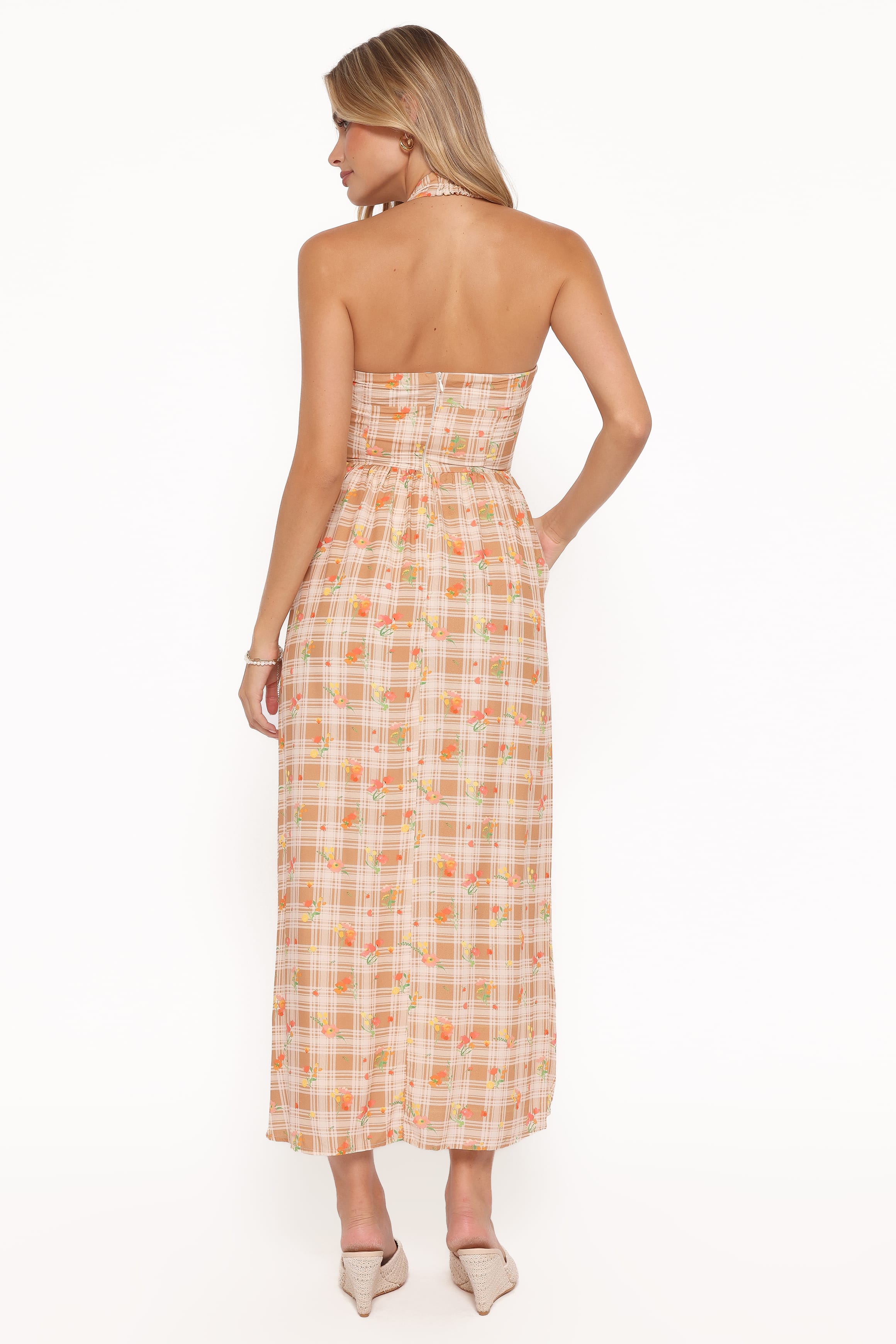 Petal and Pup USA DRESSES Gemini Halterneck Maxi Dress - Yellow Floral Gingham
