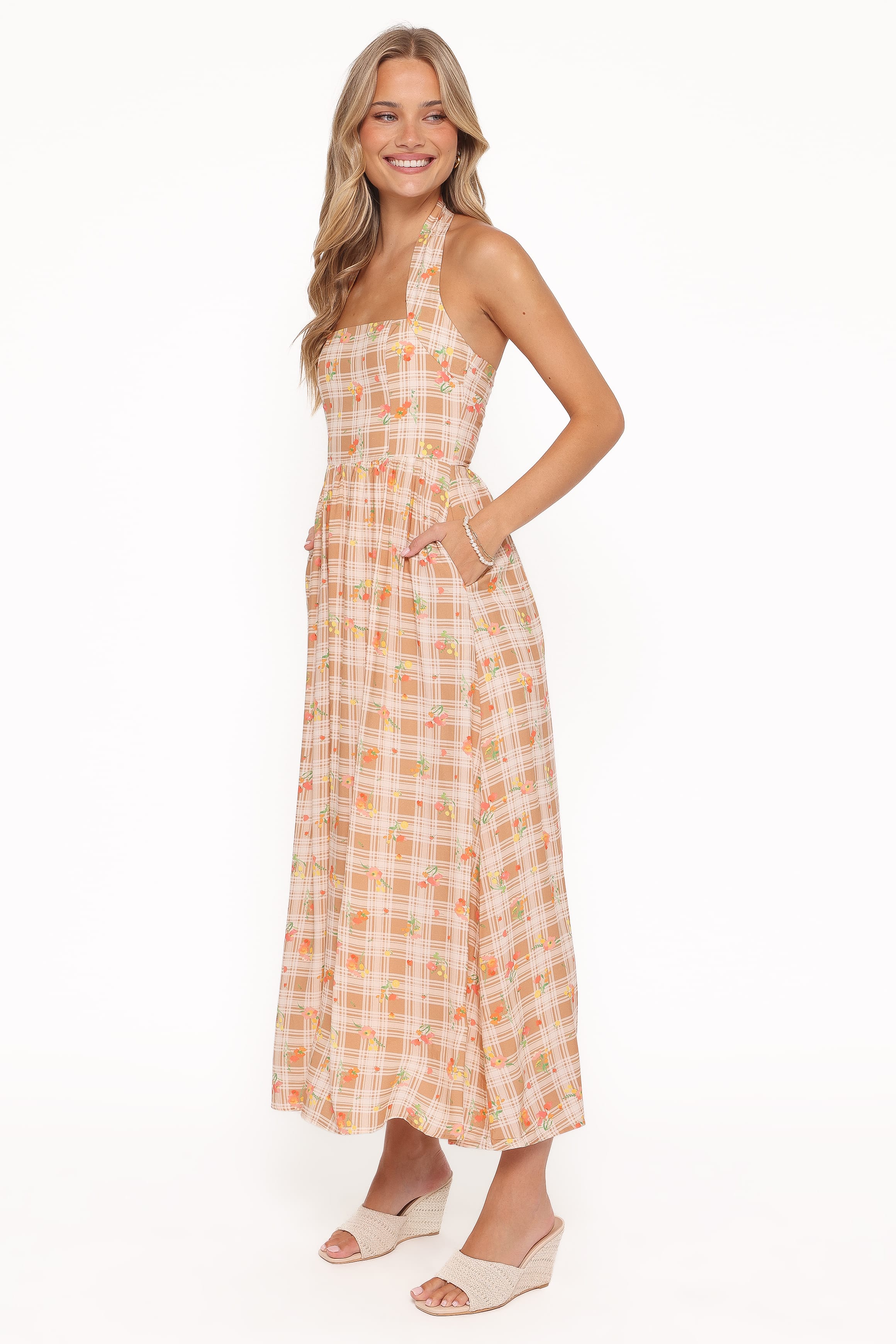 Petal and Pup USA DRESSES Gemini Halterneck Maxi Dress - Yellow Floral Gingham