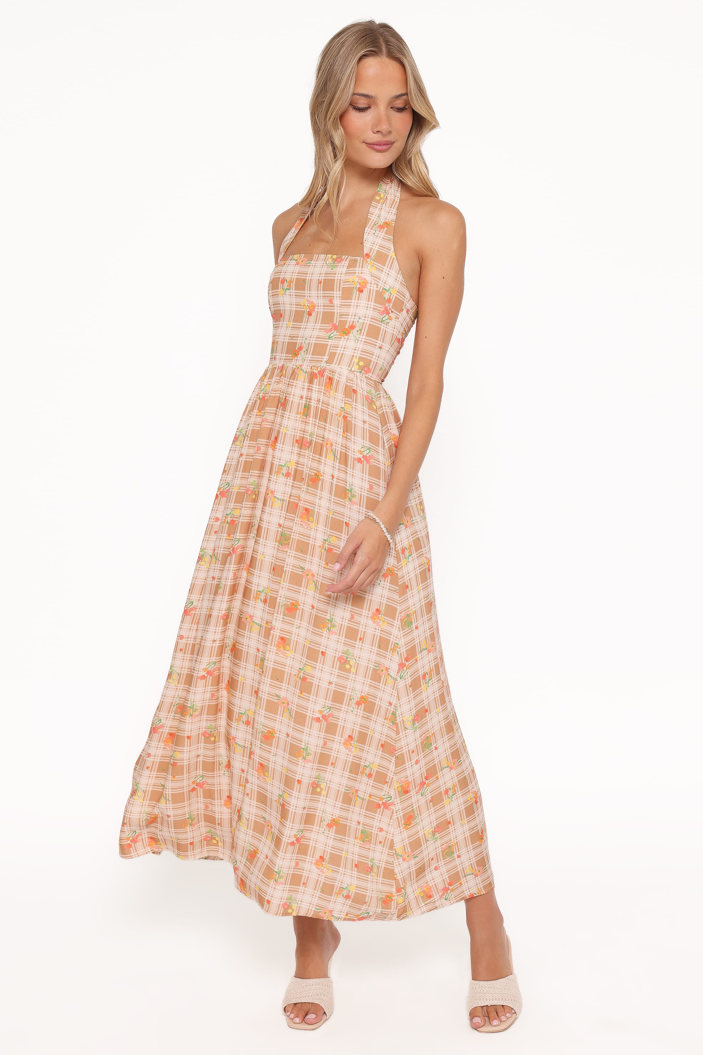 Petal and Pup USA DRESSES Gemini Halterneck Maxi Dress - Yellow Floral Gingham