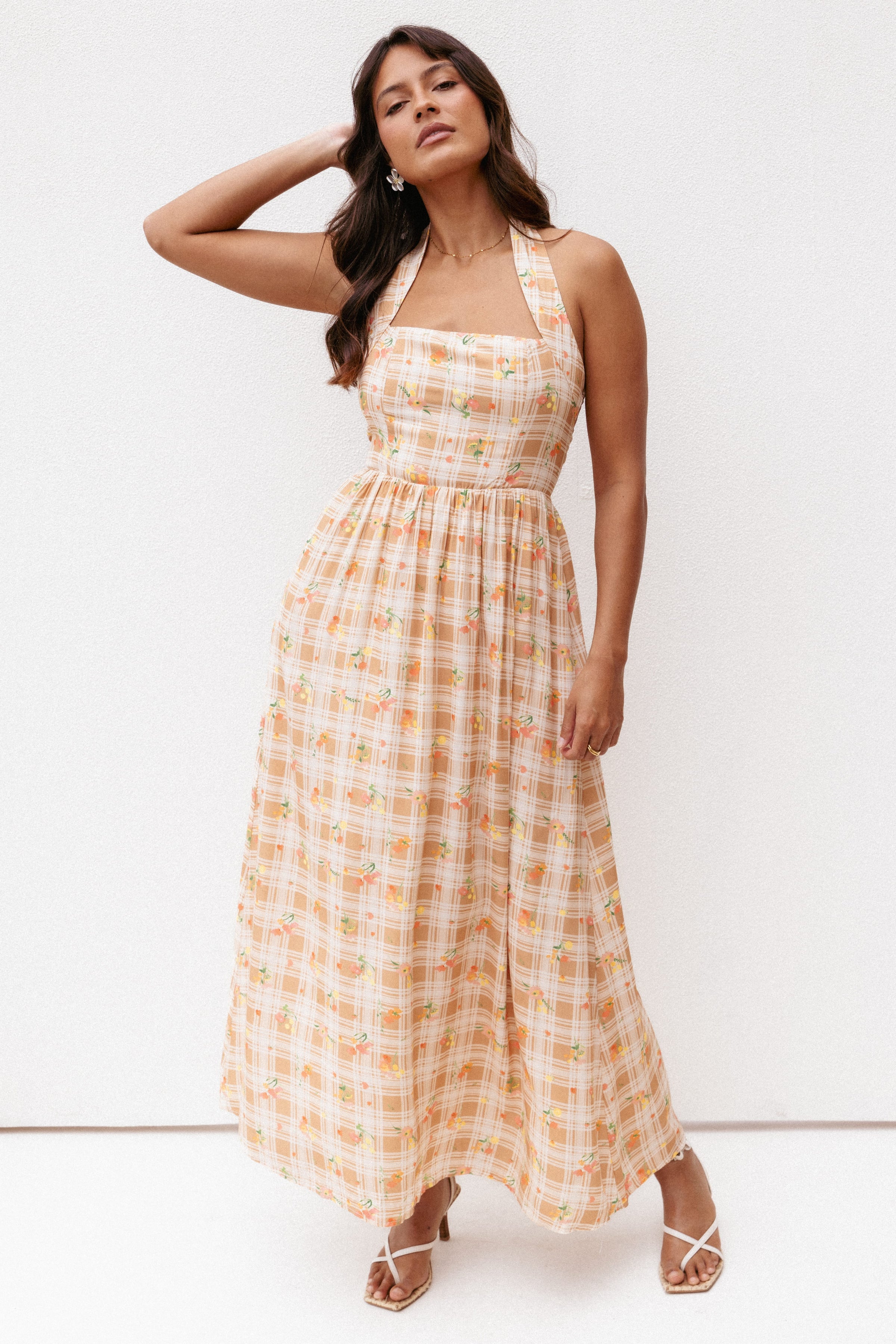 Petal and Pup USA DRESSES Gemini Halterneck Maxi Dress - Yellow Floral Gingham