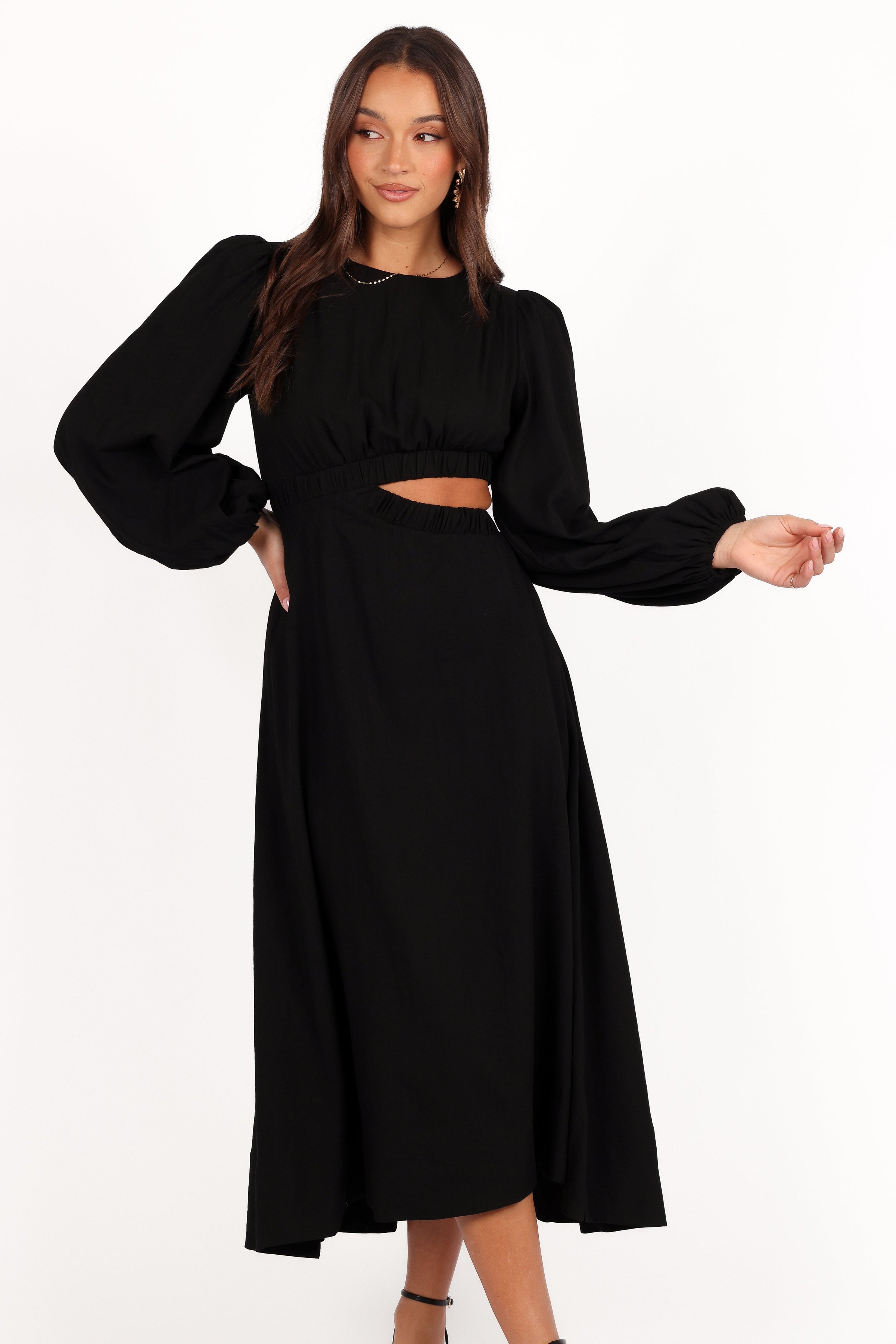 Petal and Pup USA DRESSES Ginnee Puff Sleeve Cutout Midi Dress - Black