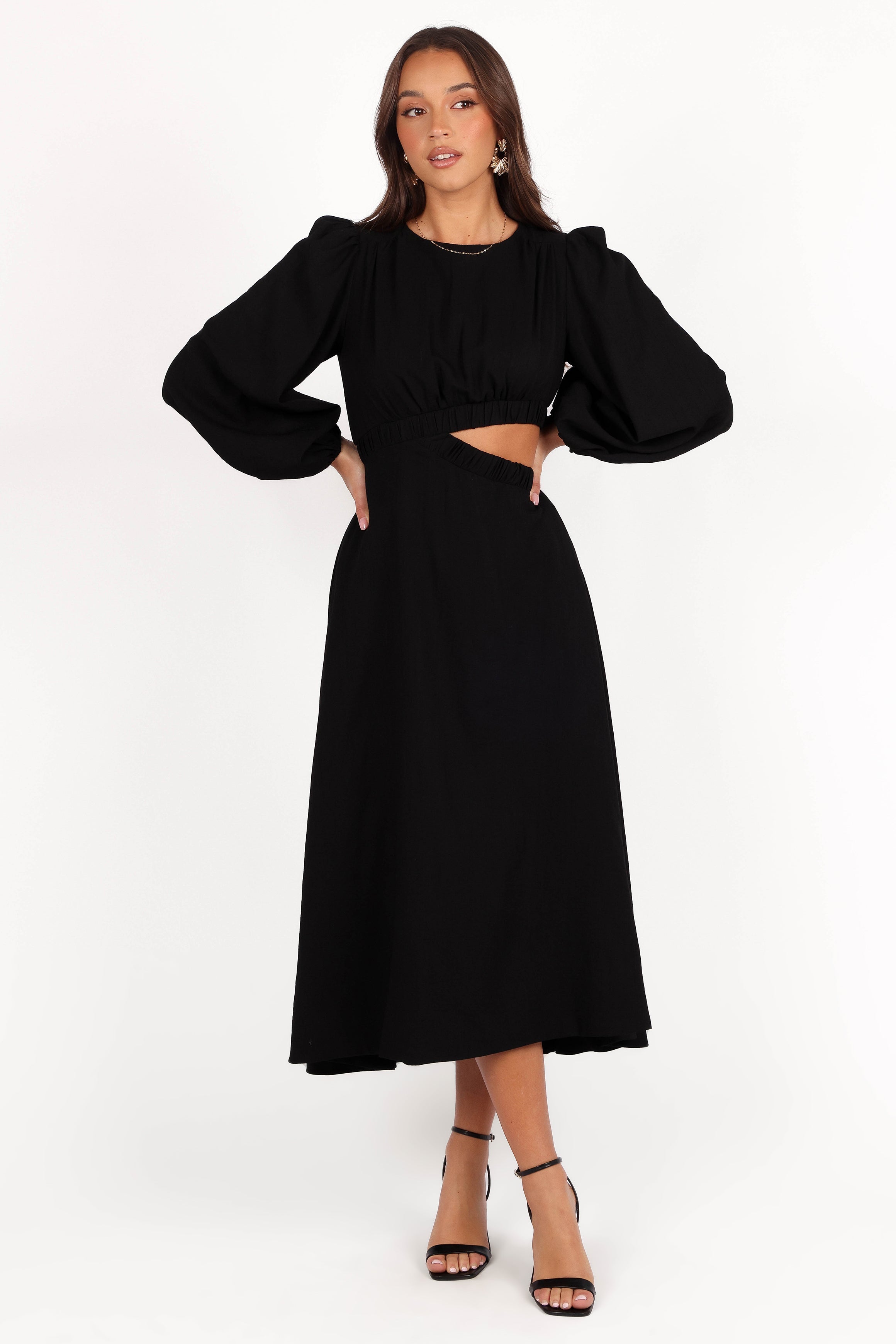 Petal and Pup USA DRESSES Ginnee Puff Sleeve Cutout Midi Dress - Black