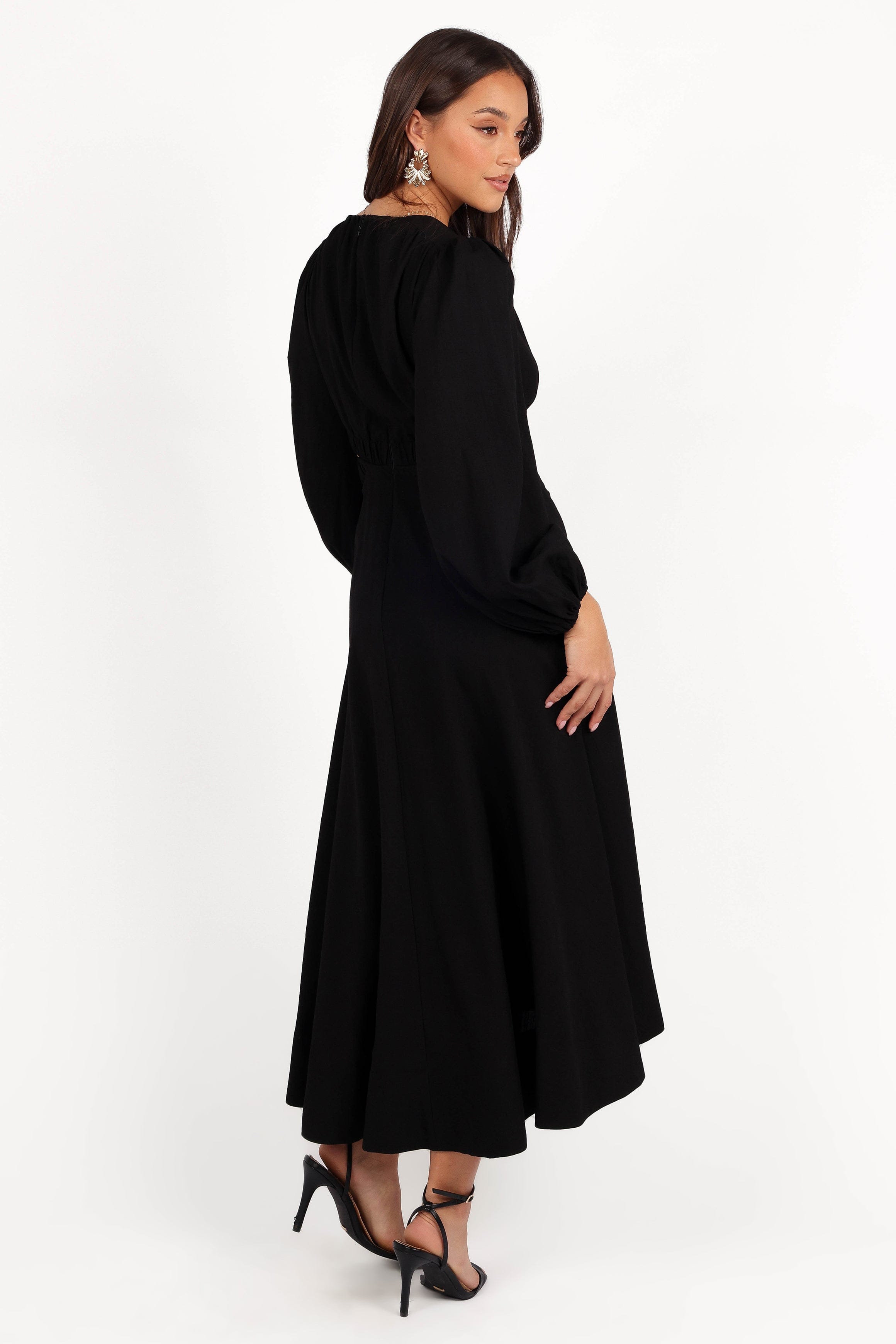 Petal and Pup USA DRESSES Ginnee Puff Sleeve Cutout Midi Dress - Black
