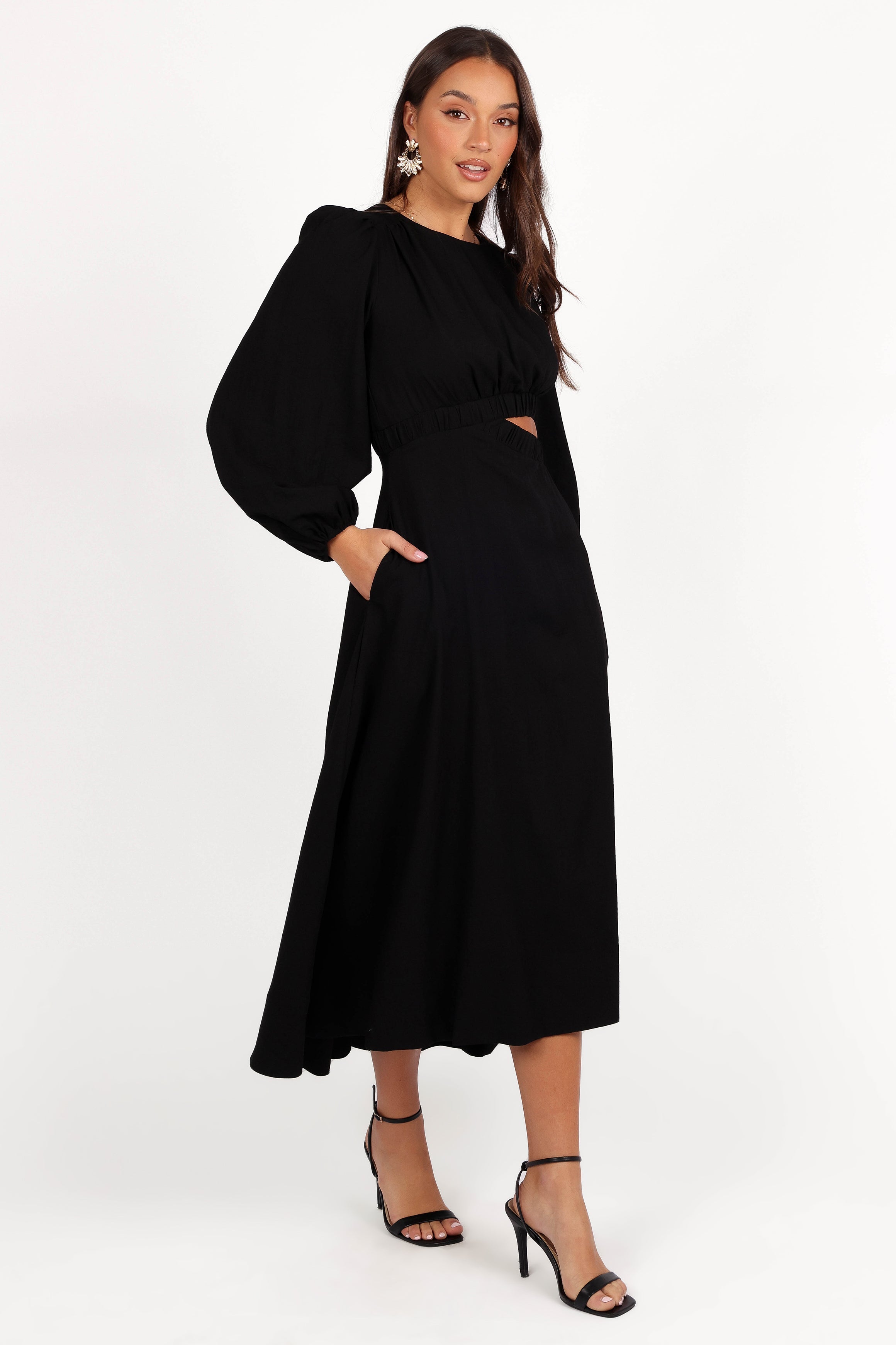 Petal and Pup USA DRESSES Ginnee Puff Sleeve Cutout Midi Dress - Black