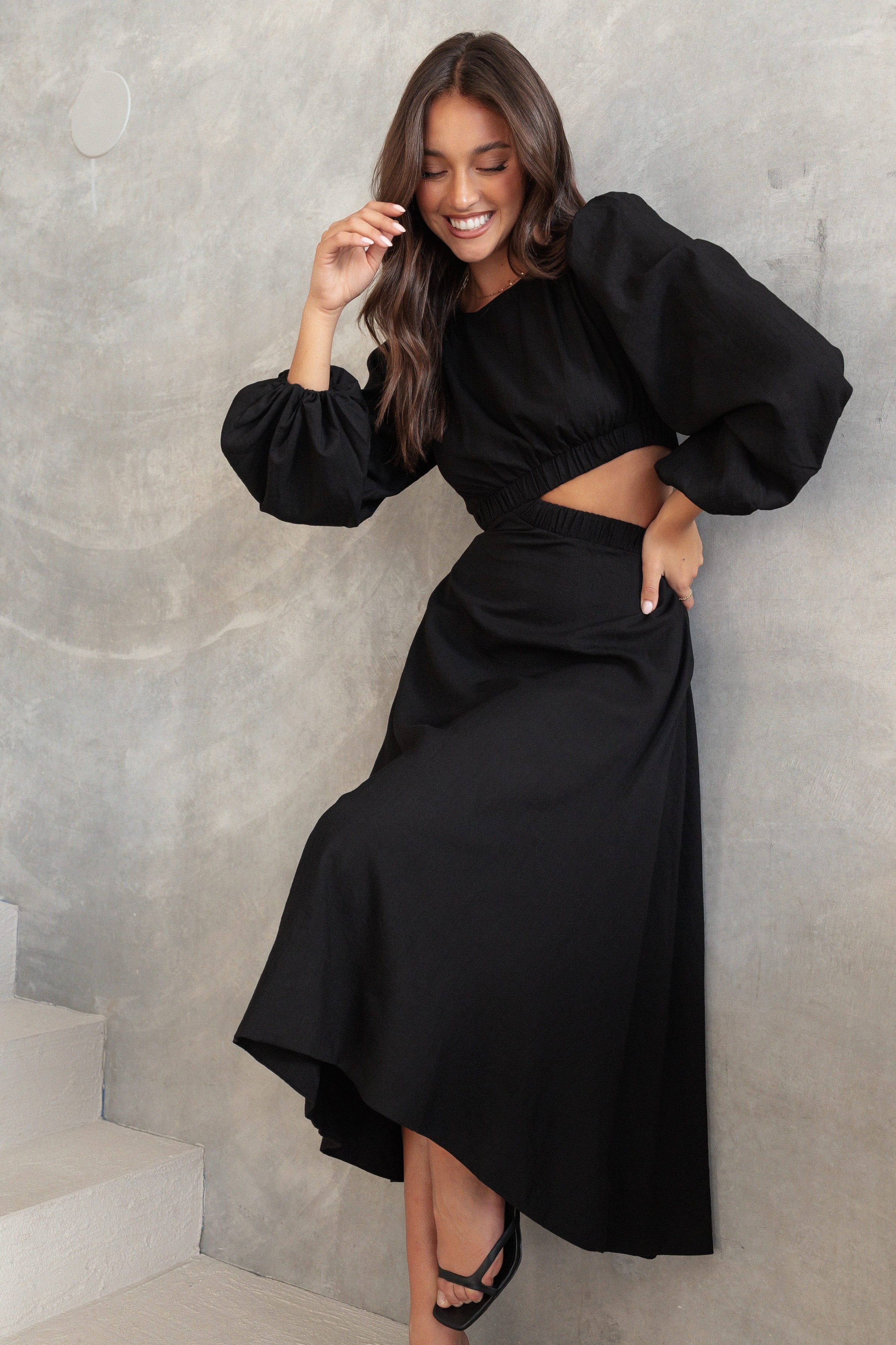 Petal and Pup USA DRESSES Ginnee Puff Sleeve Cutout Midi Dress - Black