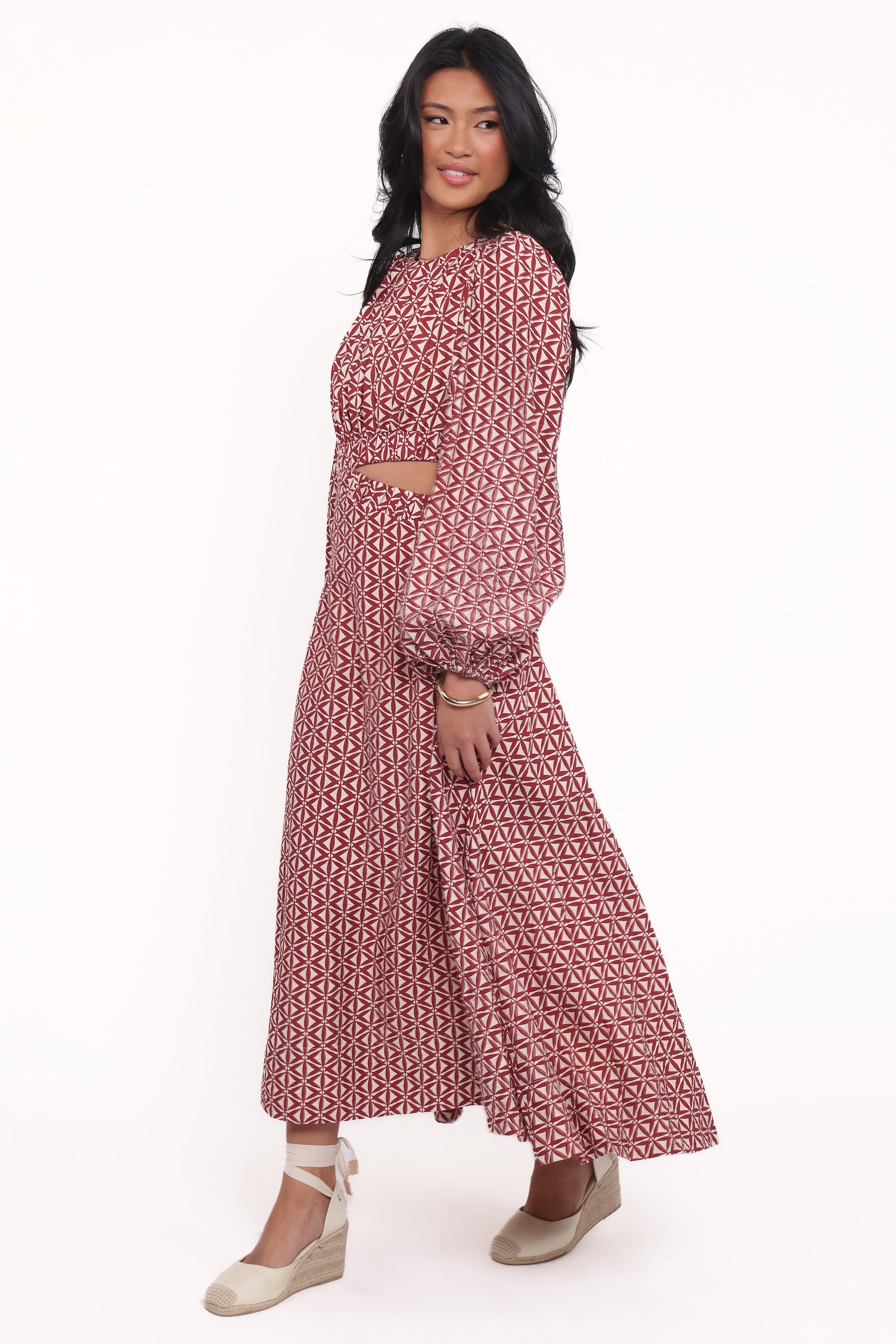 Petal and Pup USA DRESSES Ginnee Puff Sleeve Cutout Midi Dress - Brown Geo