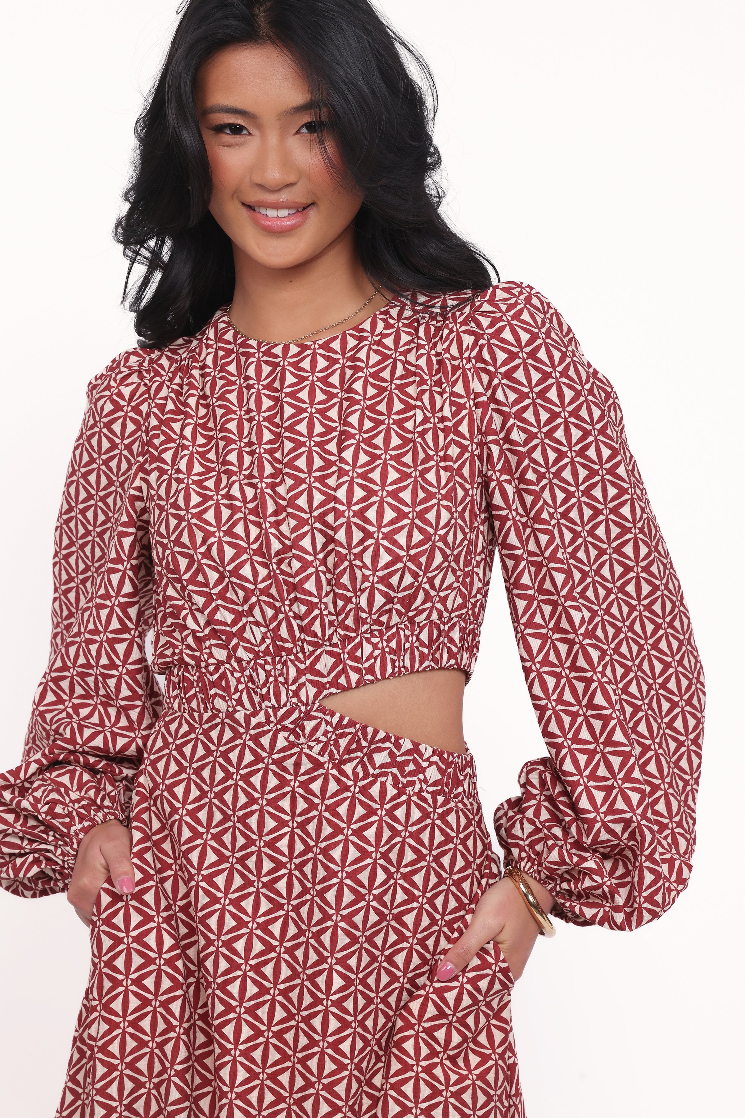 Petal and Pup USA DRESSES Ginnee Puff Sleeve Cutout Midi Dress - Brown Geo