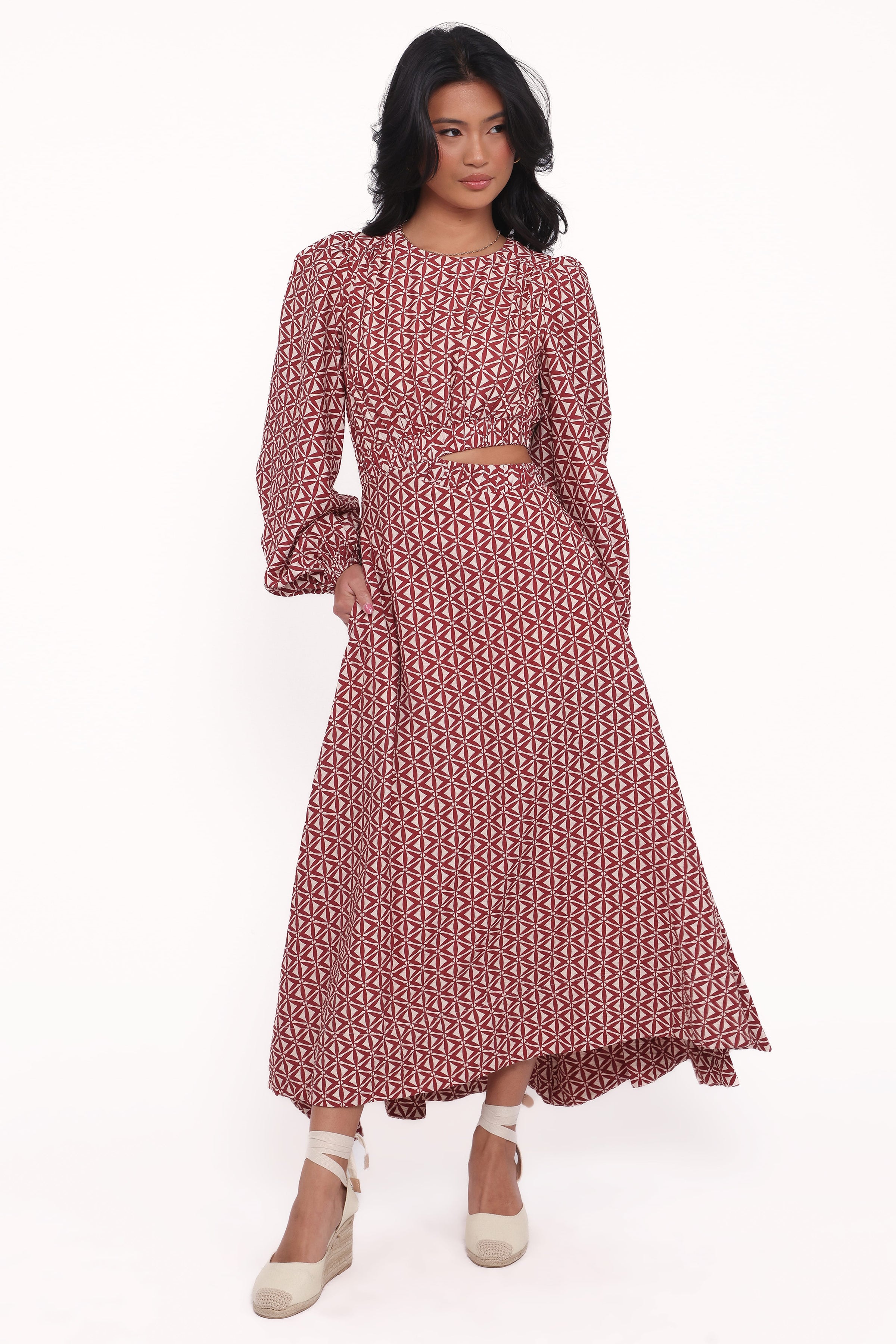 Petal and Pup USA DRESSES Ginnee Puff Sleeve Cutout Midi Dress - Brown Geo