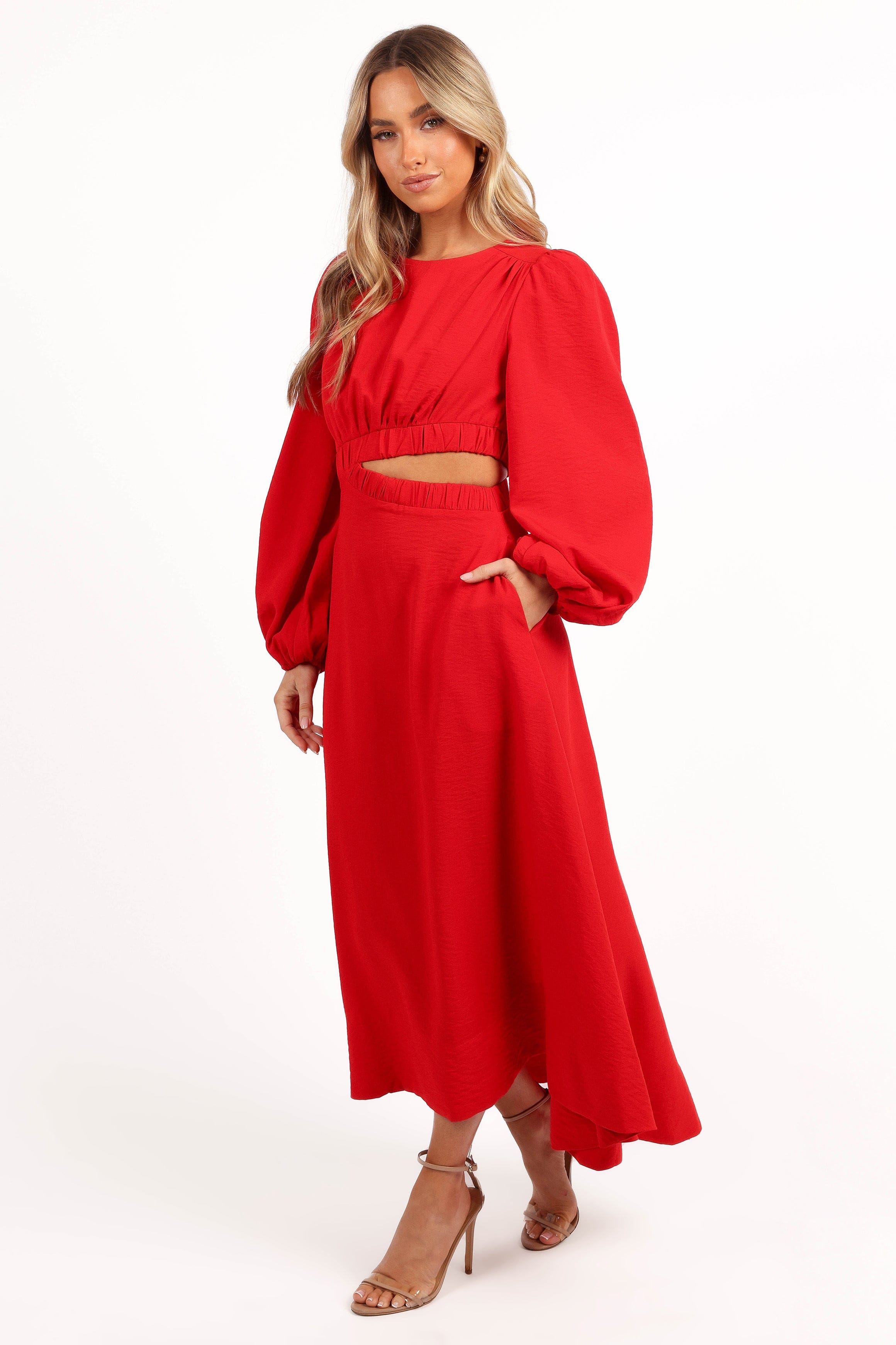 Petal and Pup USA DRESSES Ginnee Puff Sleeve Cutout Midi Dress - Red