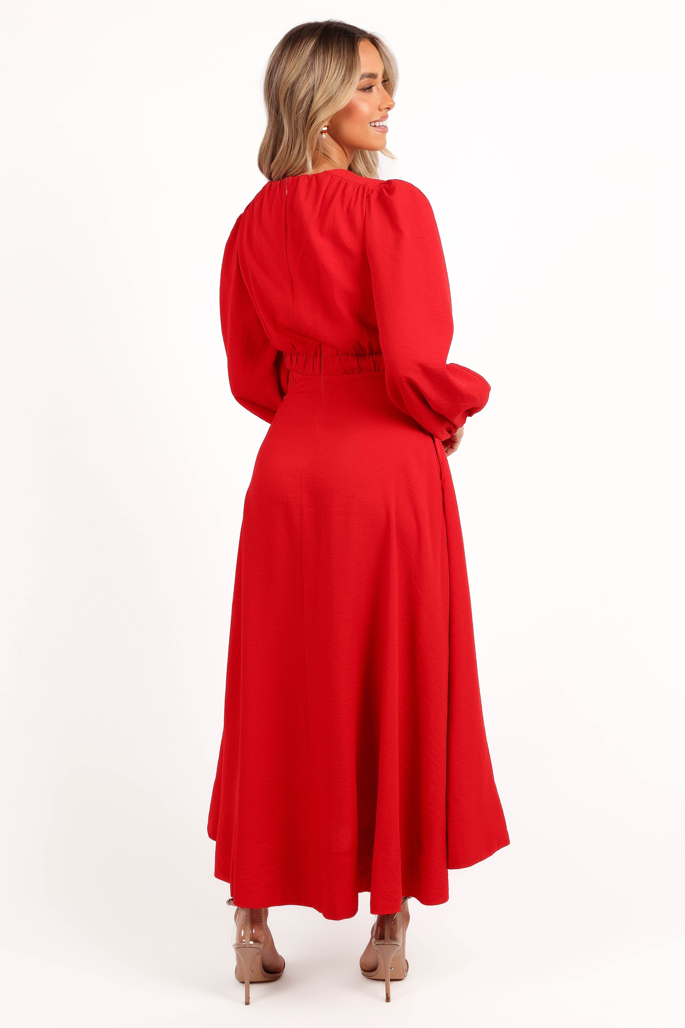 Petal and Pup USA DRESSES Ginnee Puff Sleeve Cutout Midi Dress - Red