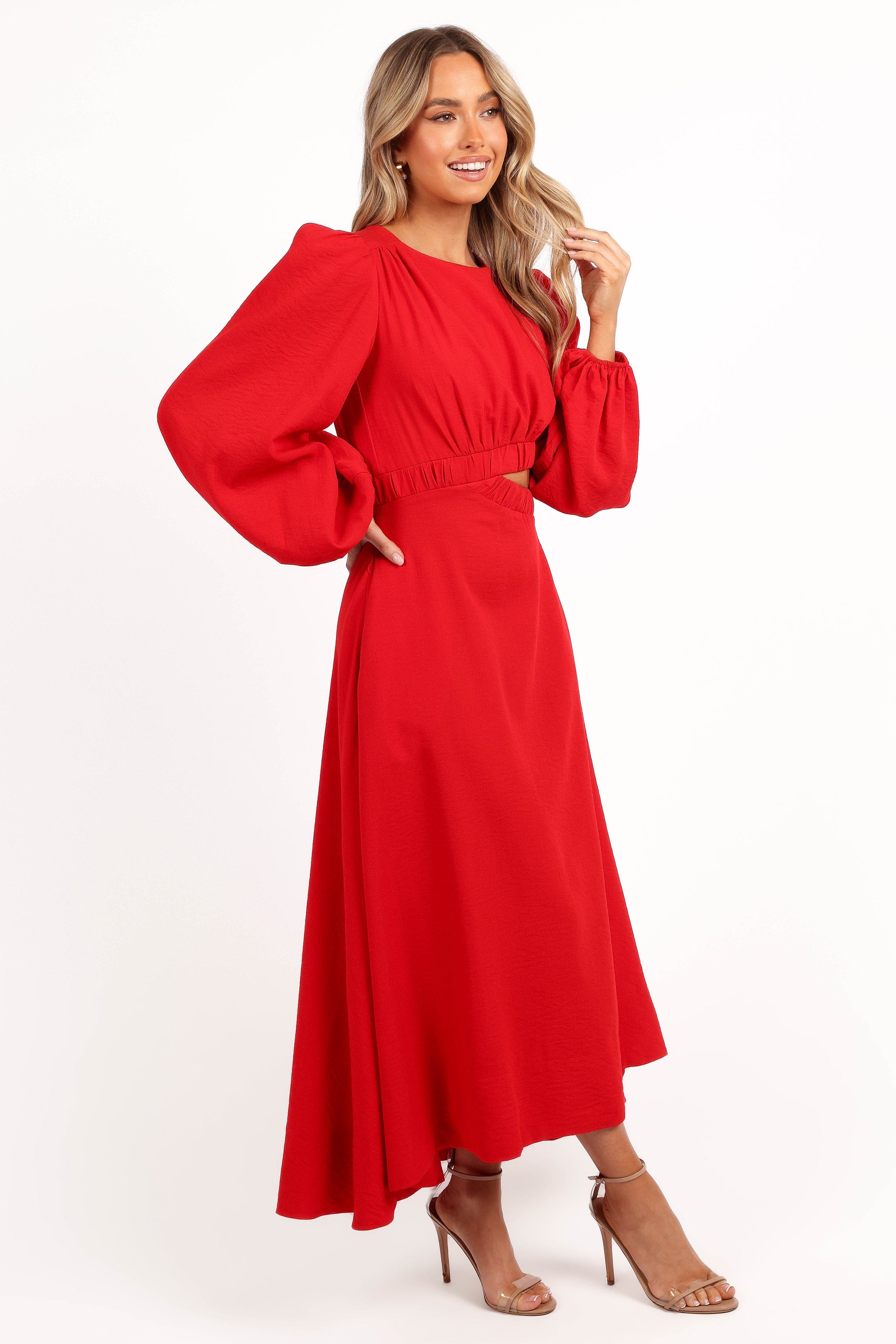 Petal and Pup USA DRESSES Ginnee Puff Sleeve Cutout Midi Dress - Red