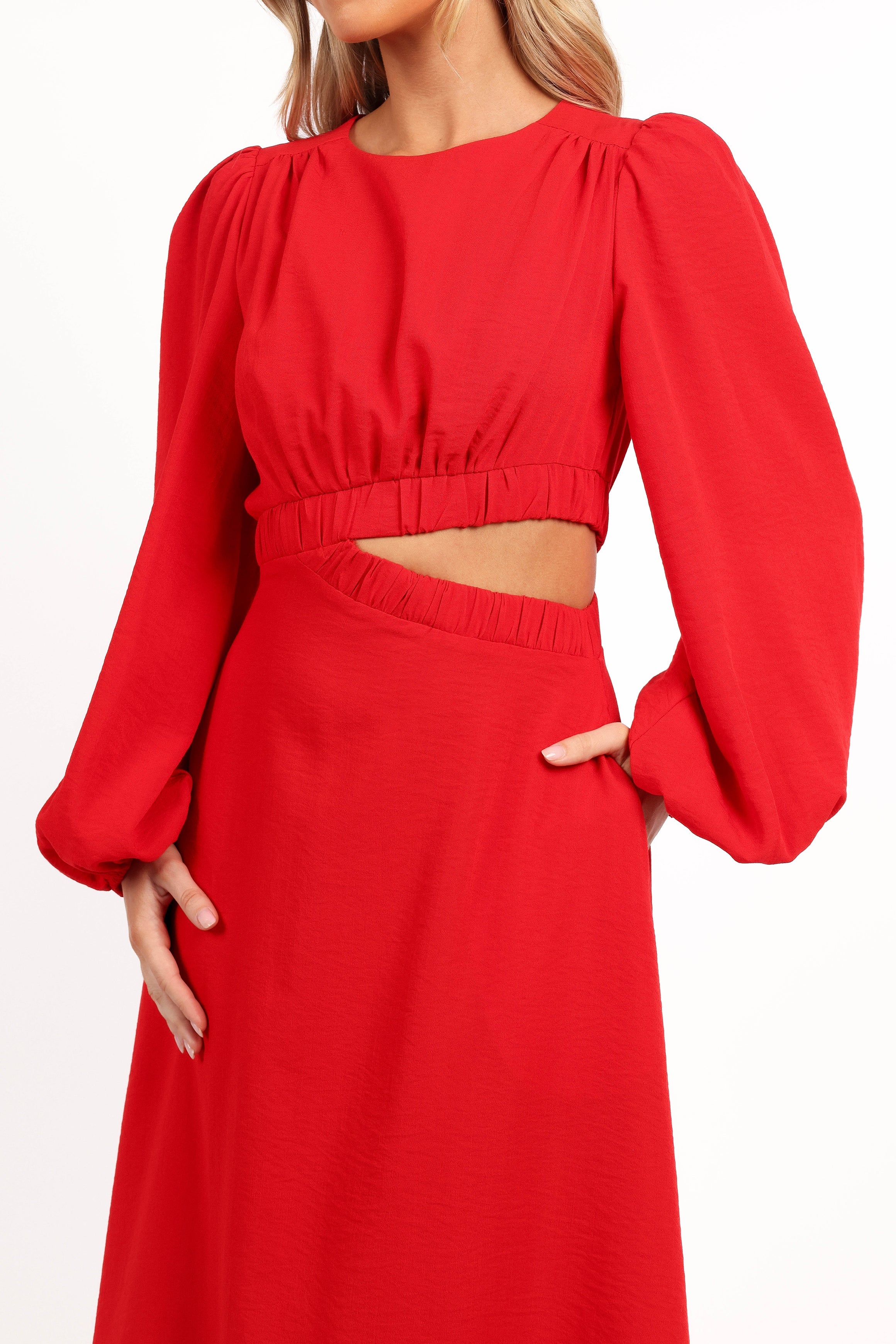 Petal and Pup USA DRESSES Ginnee Puff Sleeve Cutout Midi Dress - Red