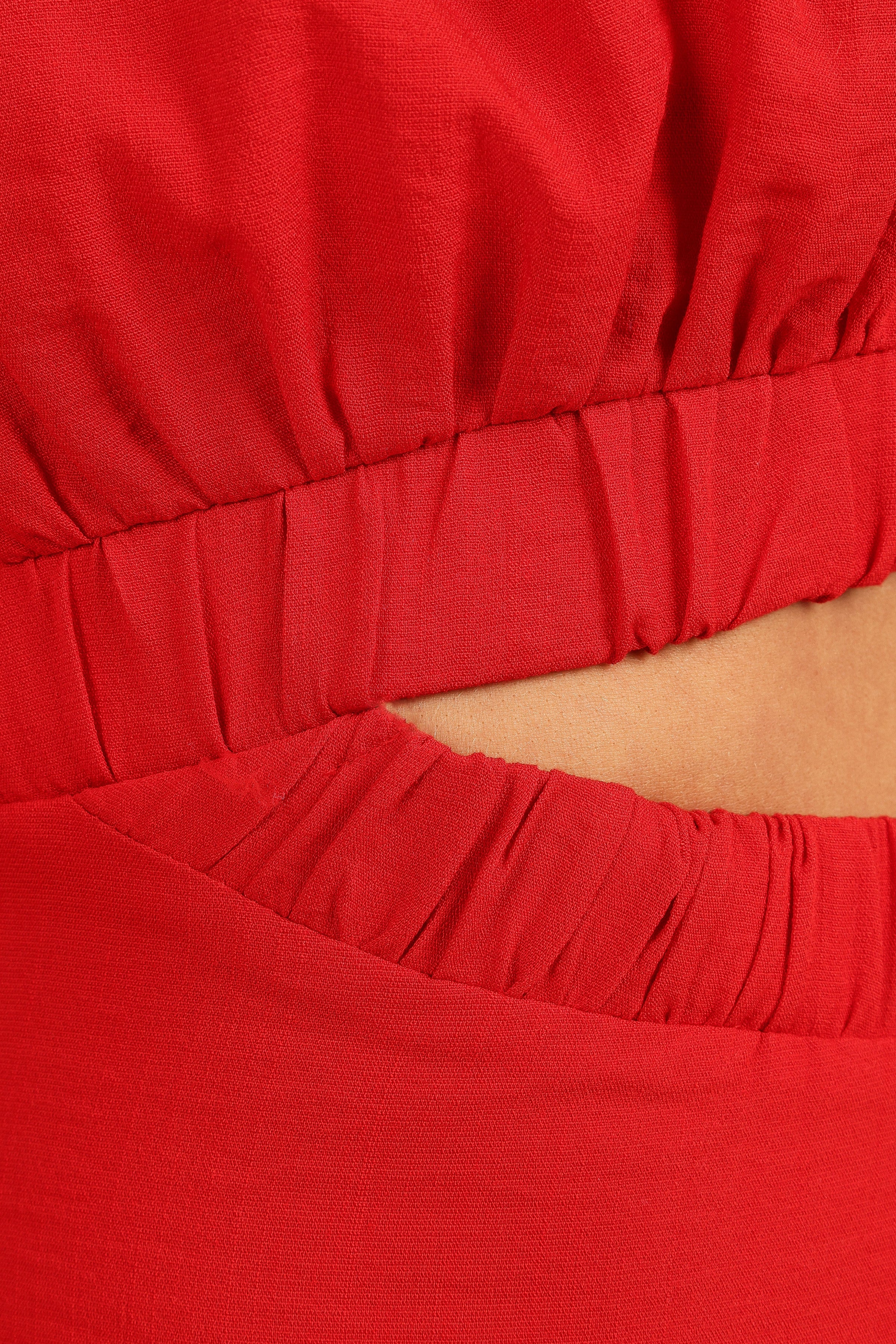 Petal and Pup USA DRESSES Ginnee Puff Sleeve Cutout Midi Dress - Red