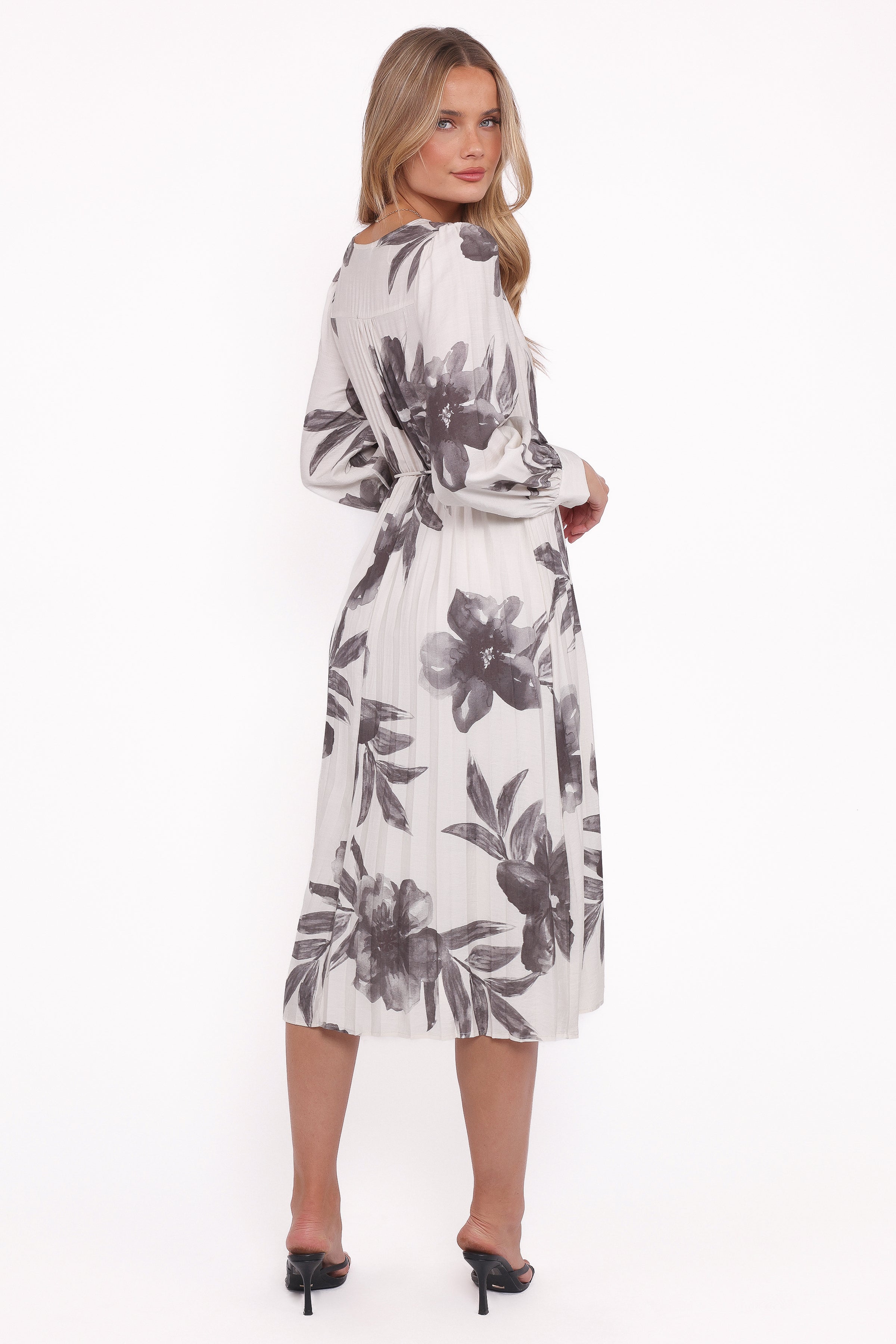 Petal and Pup USA DRESSES Grainne Long Sleeve Midi Dress - Black/White Floral