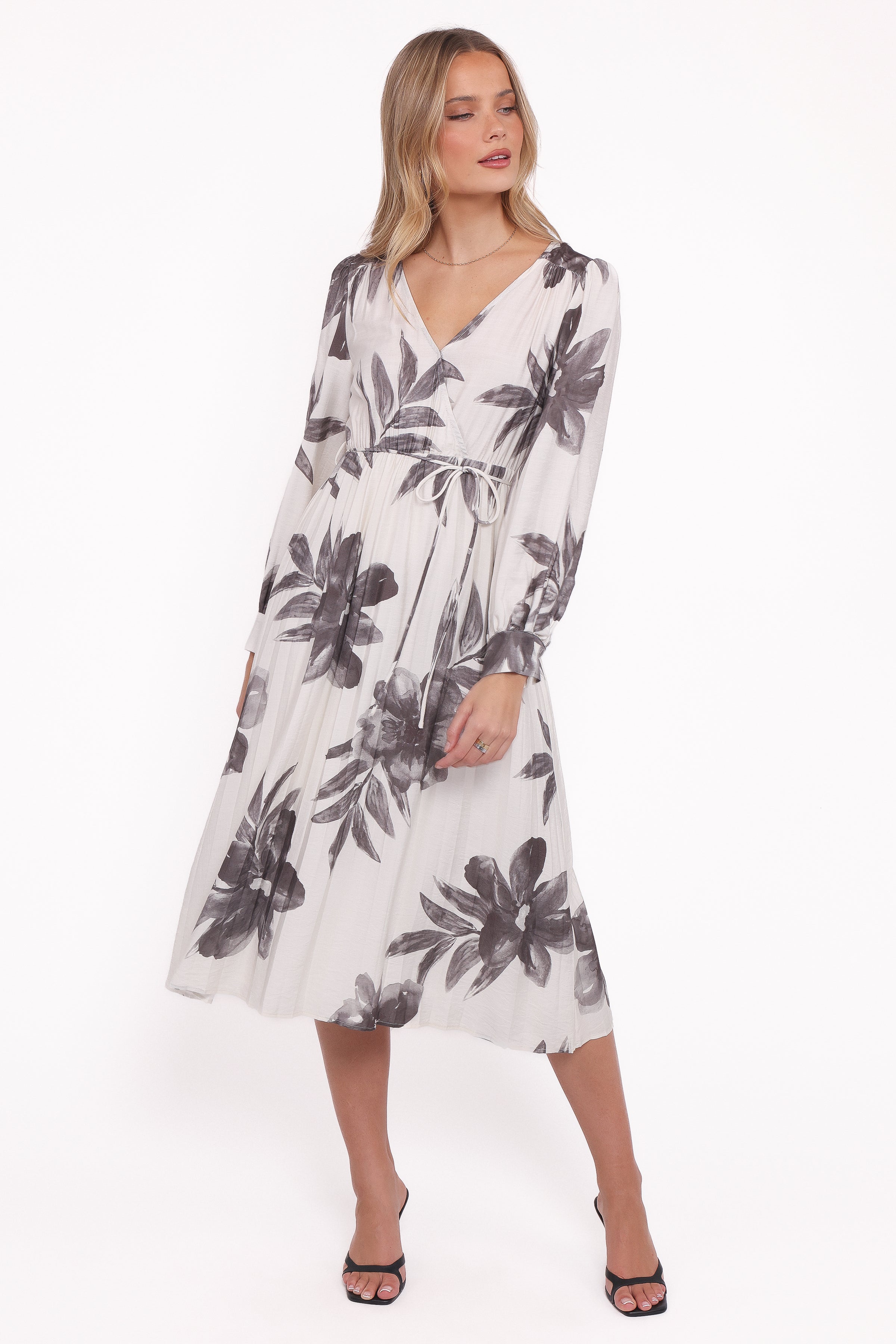 Petal and Pup USA DRESSES Grainne Long Sleeve Midi Dress - Black/White Floral