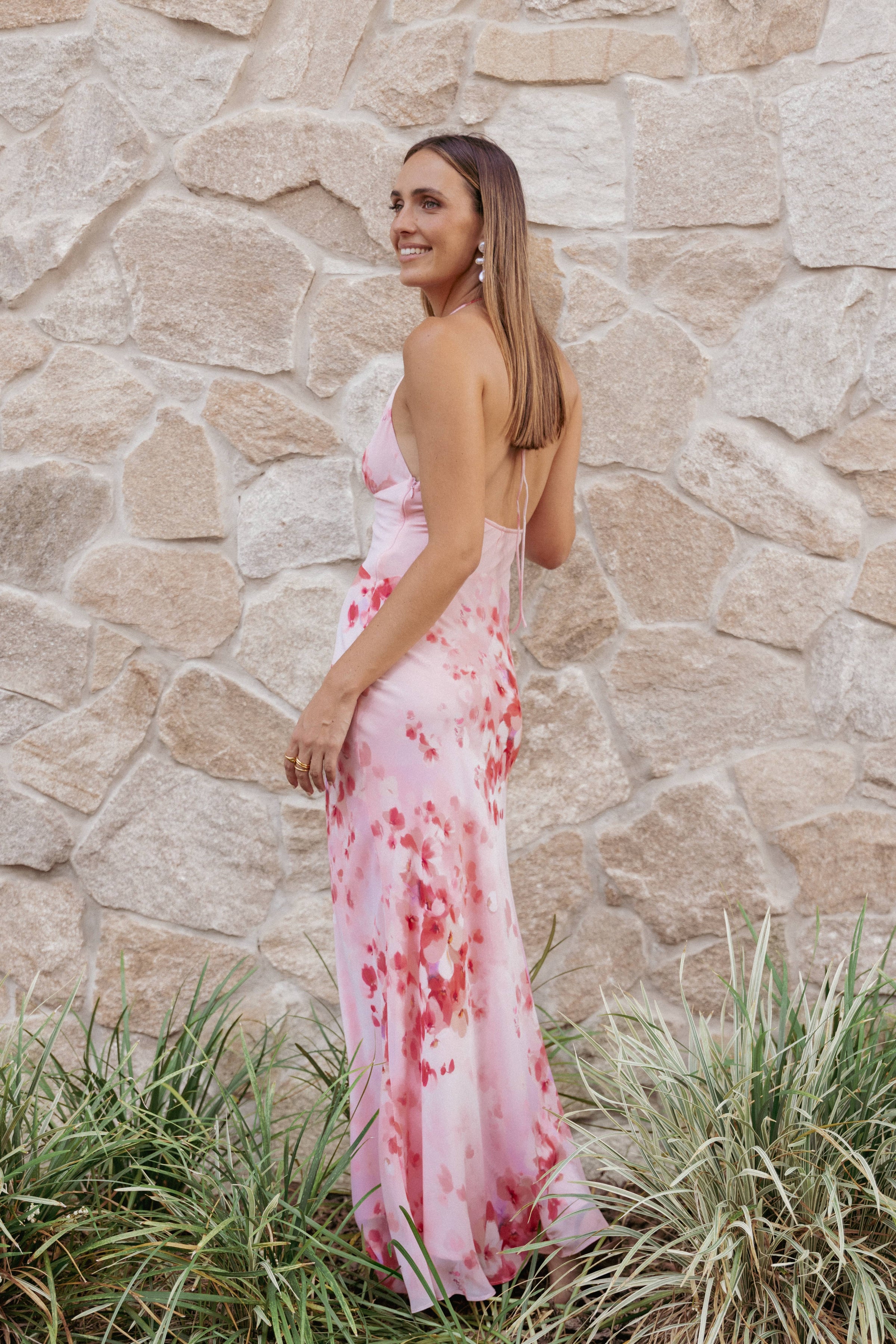 Petal and Pup USA DRESSES Gwyneth Halterneck Maxi Dress - Pink Floral