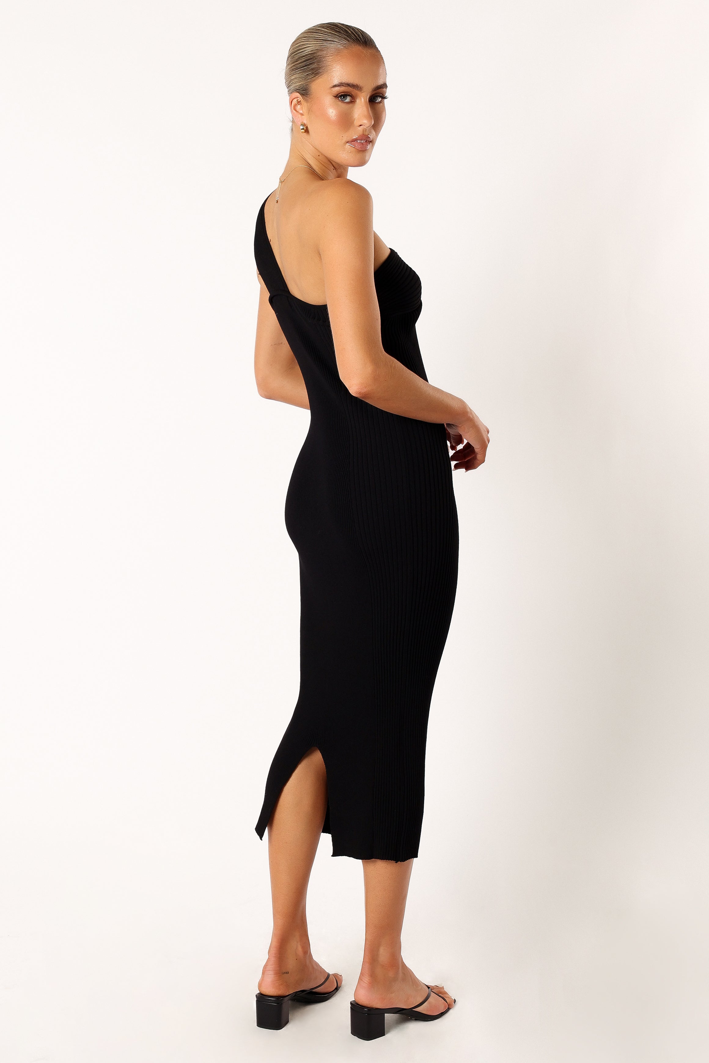 Petal and Pup USA DRESSES Halle One Shoulder Midi Dress - Black