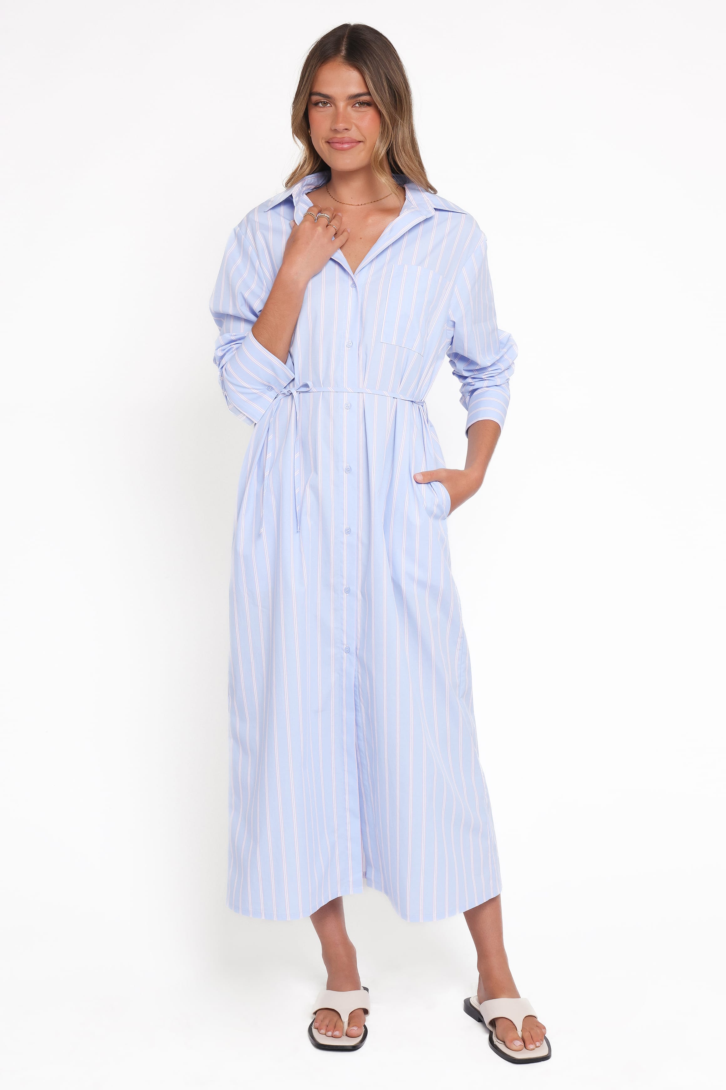 Petal and Pup USA DRESSES Harlan Long Sleeve Midi Dress - Blue Pink Stripe