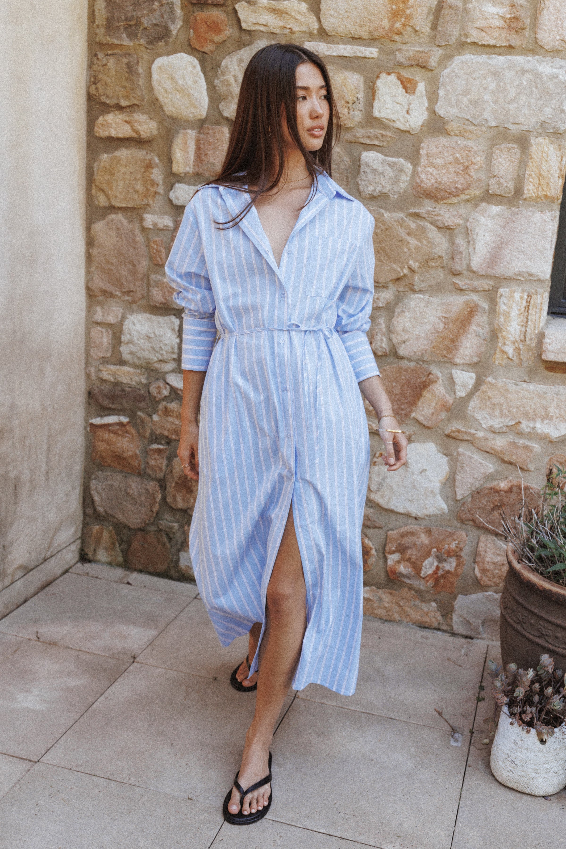Petal and Pup USA DRESSES Harlan Long Sleeve Midi Dress - Blue Pink Stripe