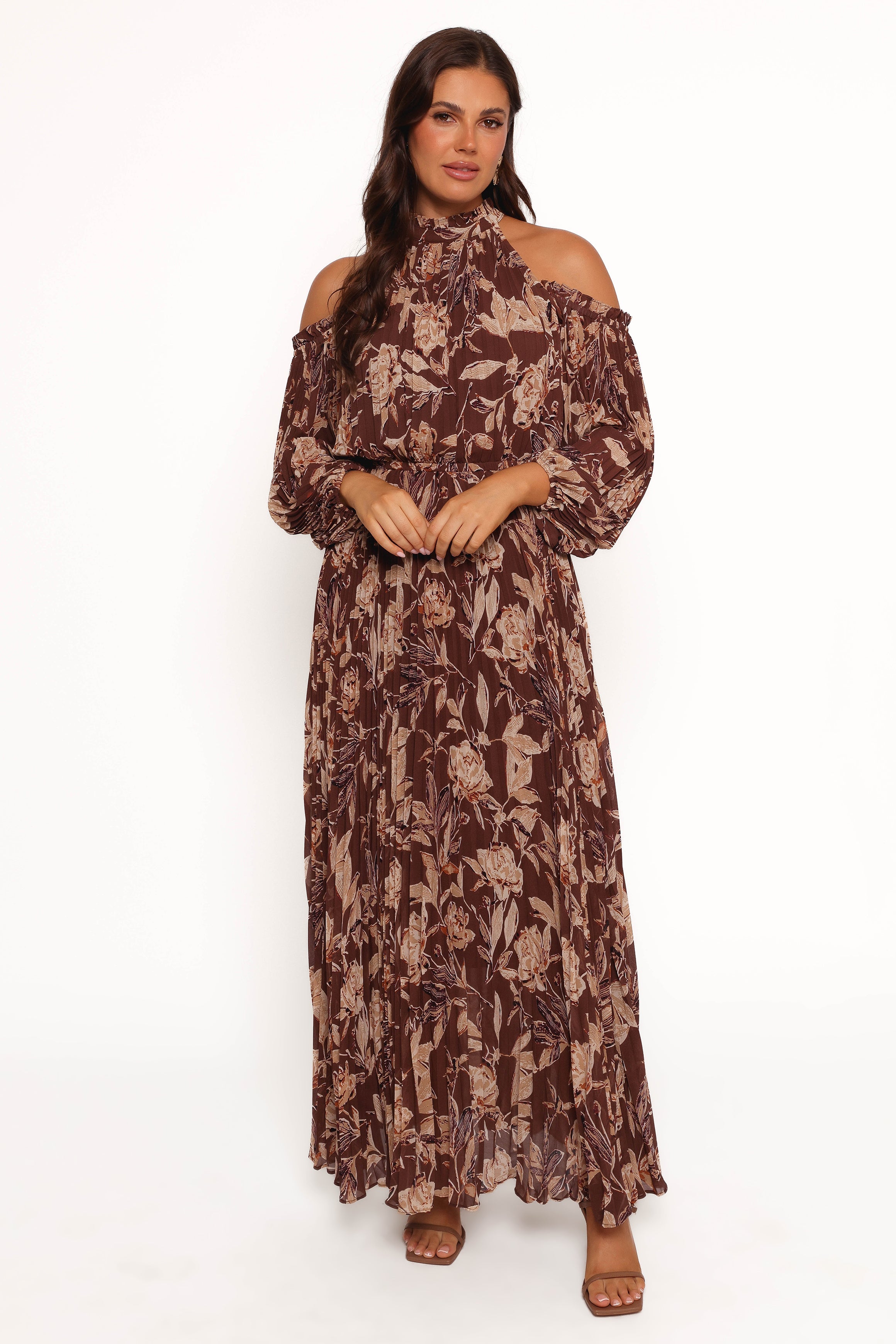 Petal and Pup USA DRESSES Hilary Pleated Maxi Dress - Brown Floral